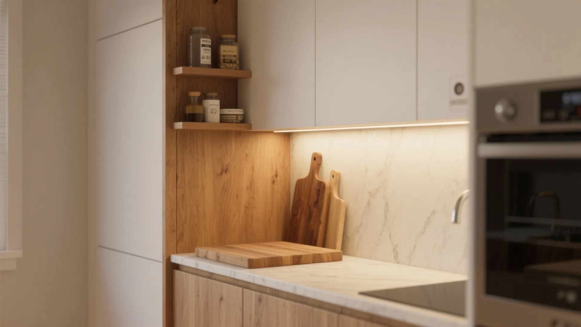 Modern kitchen interior design drawing showing wooden cabinets with marble countertop and warm light fixture