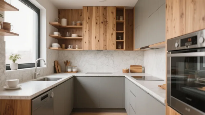 Modern L-Shaped Kitchen with Wood & Gray Cabinets