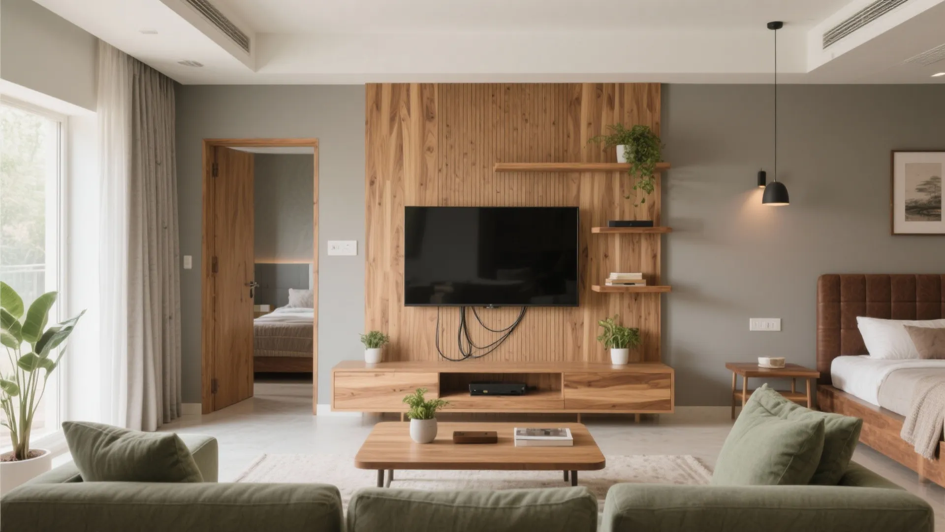 Warm Wood Accents to Soften Compact Rooms