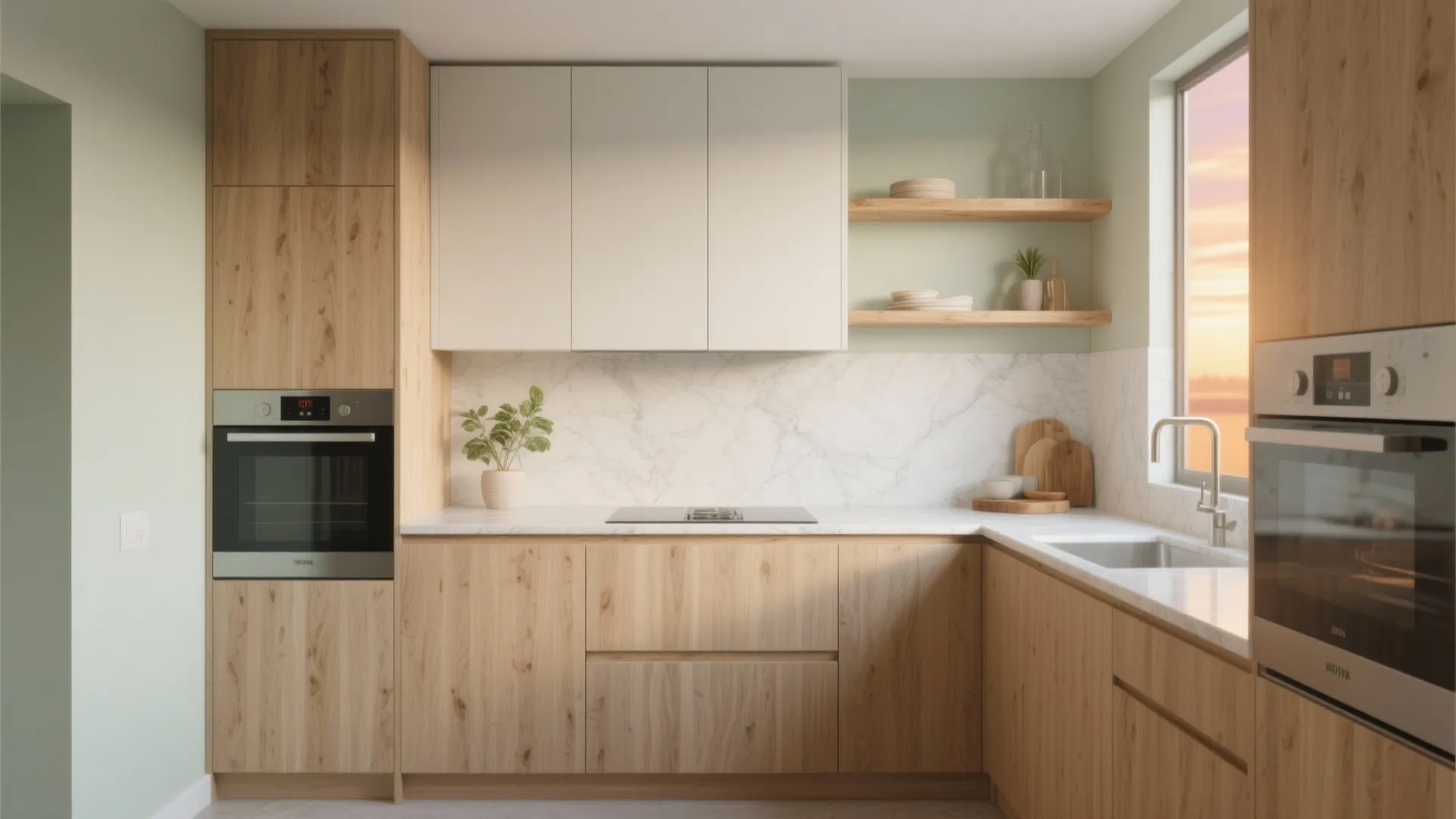 Compact kitchen with ash wood-look base cabinets and real wood open shelves creating a cozy vibe.