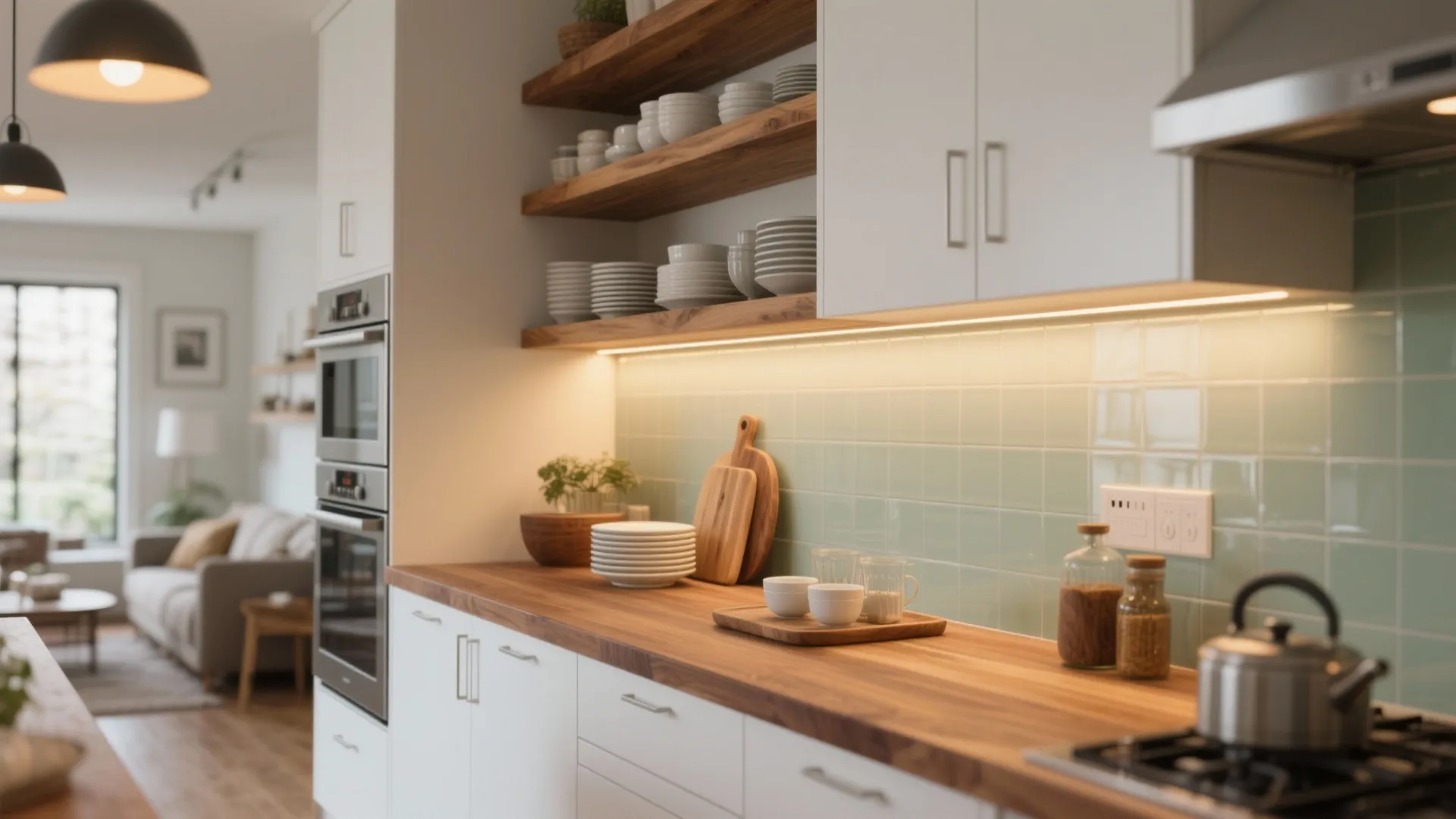 Oak-look shelves and a walnut breakfast ledge warm up a minimal white kitchen.