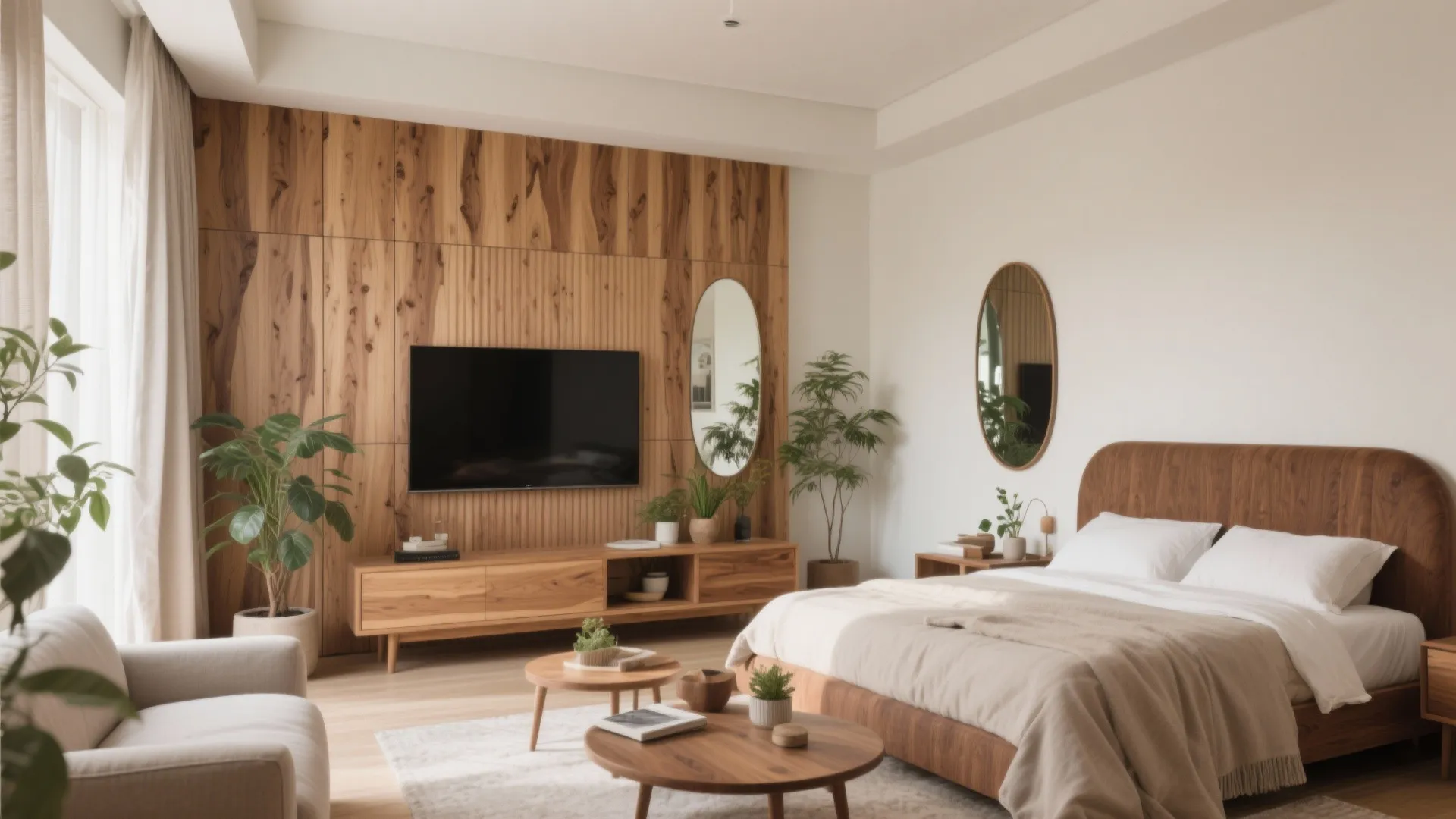 Warm wood accents in living and bedrooms