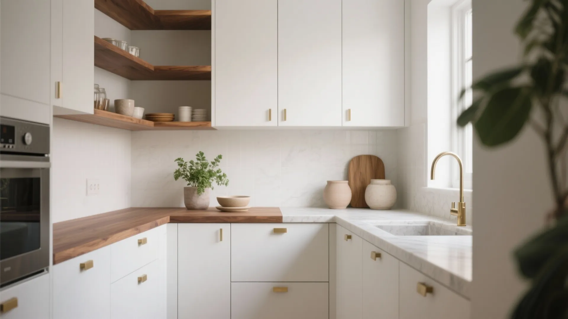 Warm wood accents that soften white