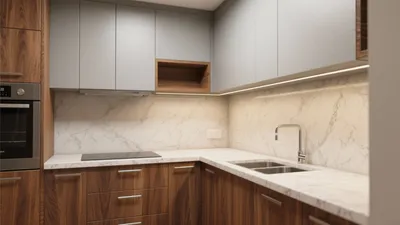 Modern L-Shaped Kitchen with Marble Countertops & Wood Accents