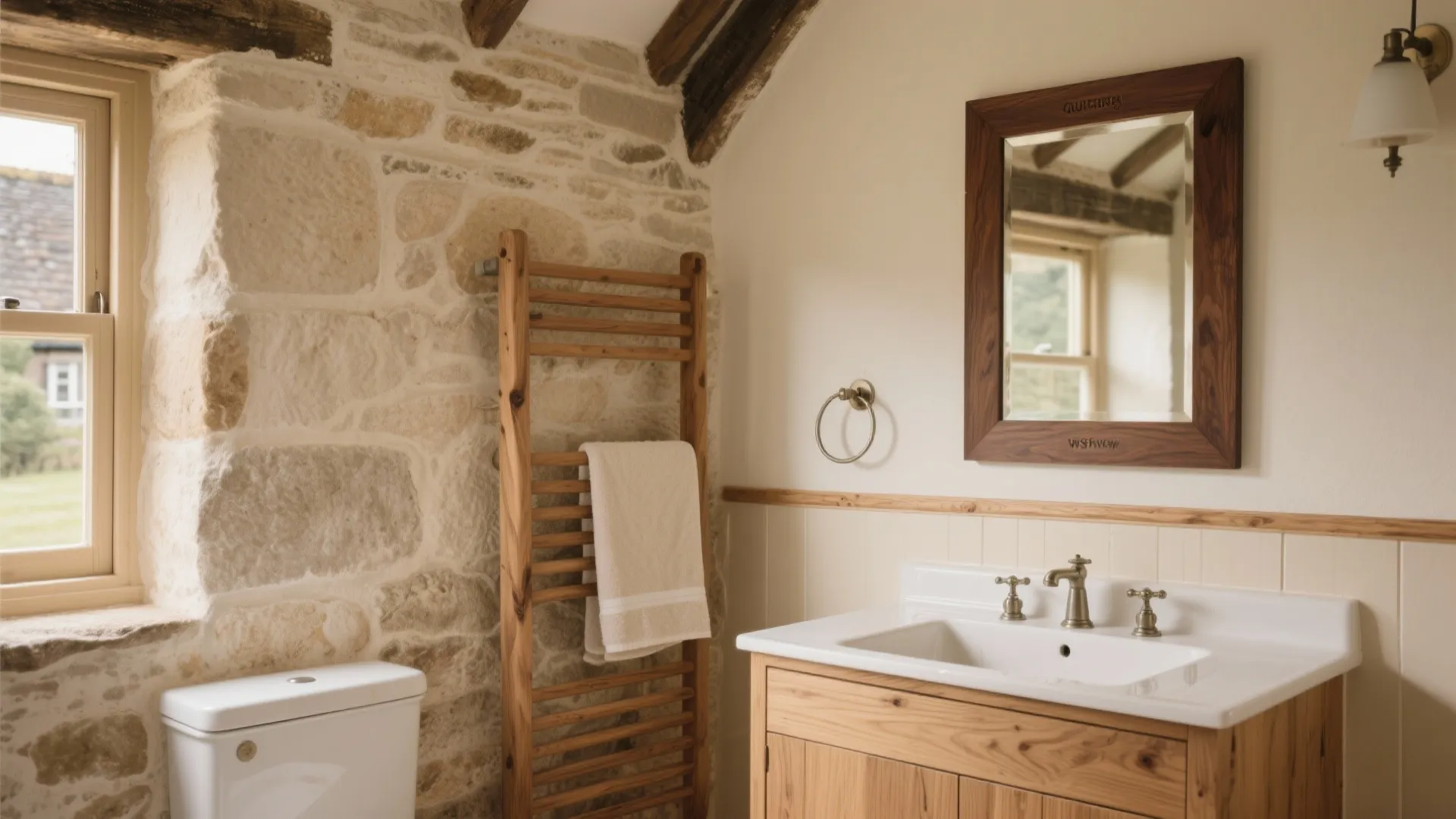 Rustic bathroom with stone wall wooden towel rack wooden cabinet white sink and framed mirror