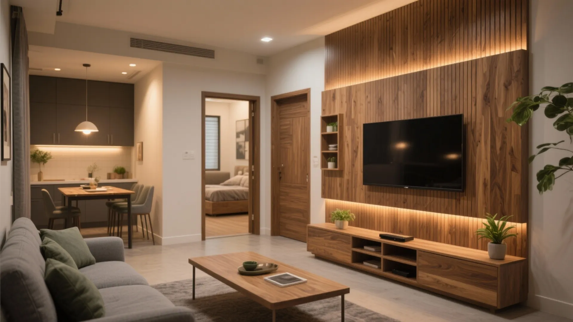 Warm wood accents for a calm, cohesive apartment