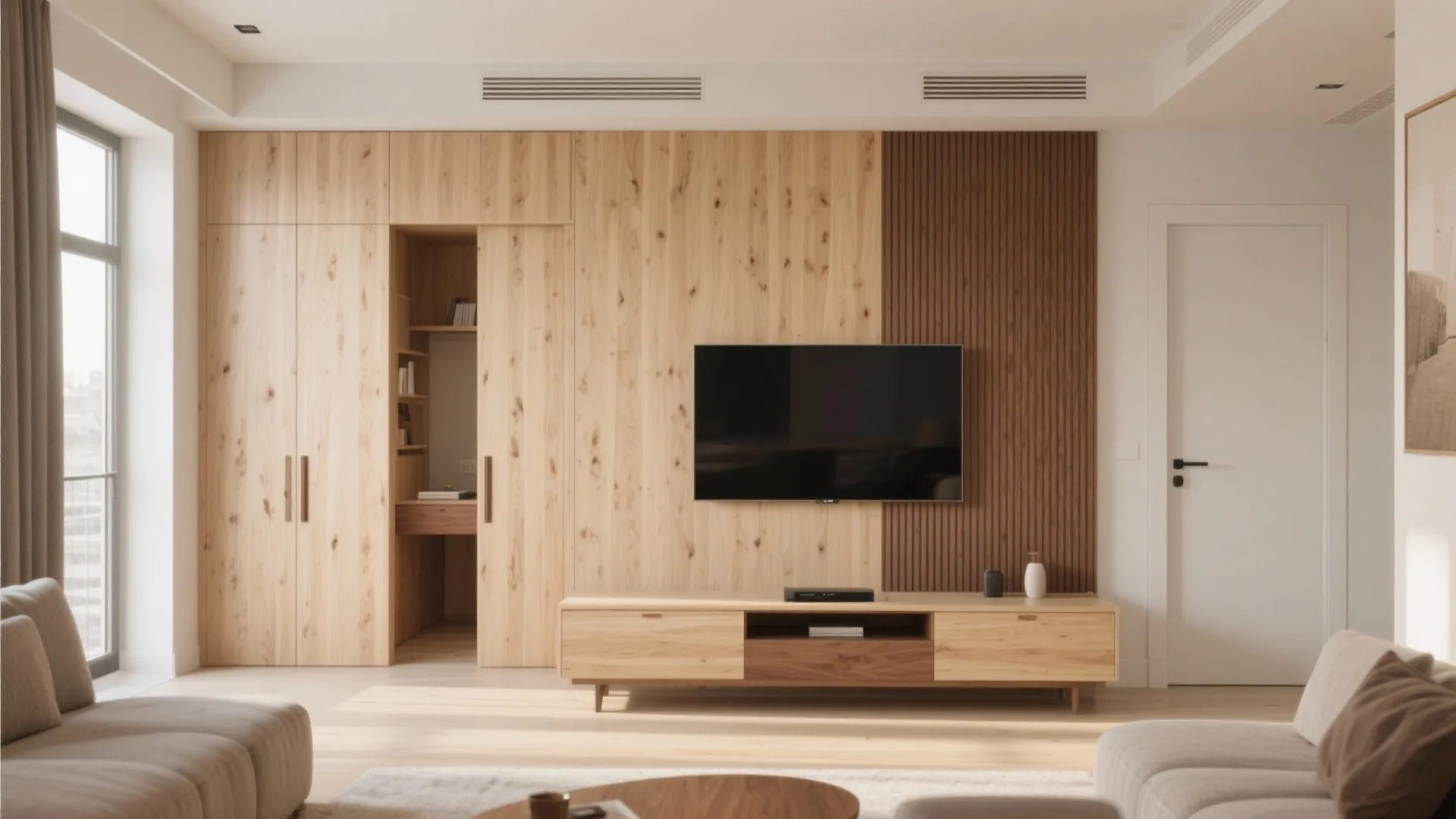Warm wood accents without darkening rooms