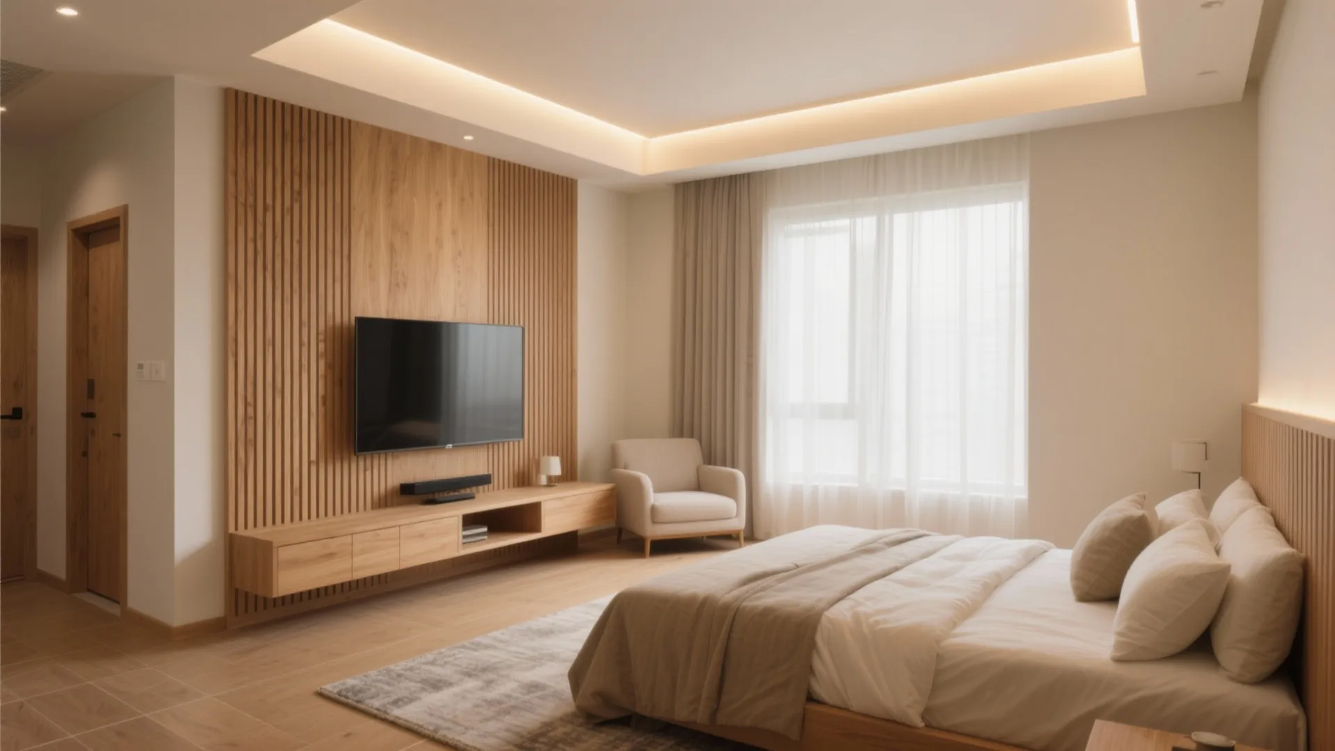 Warm wood accents in living and bedrooms