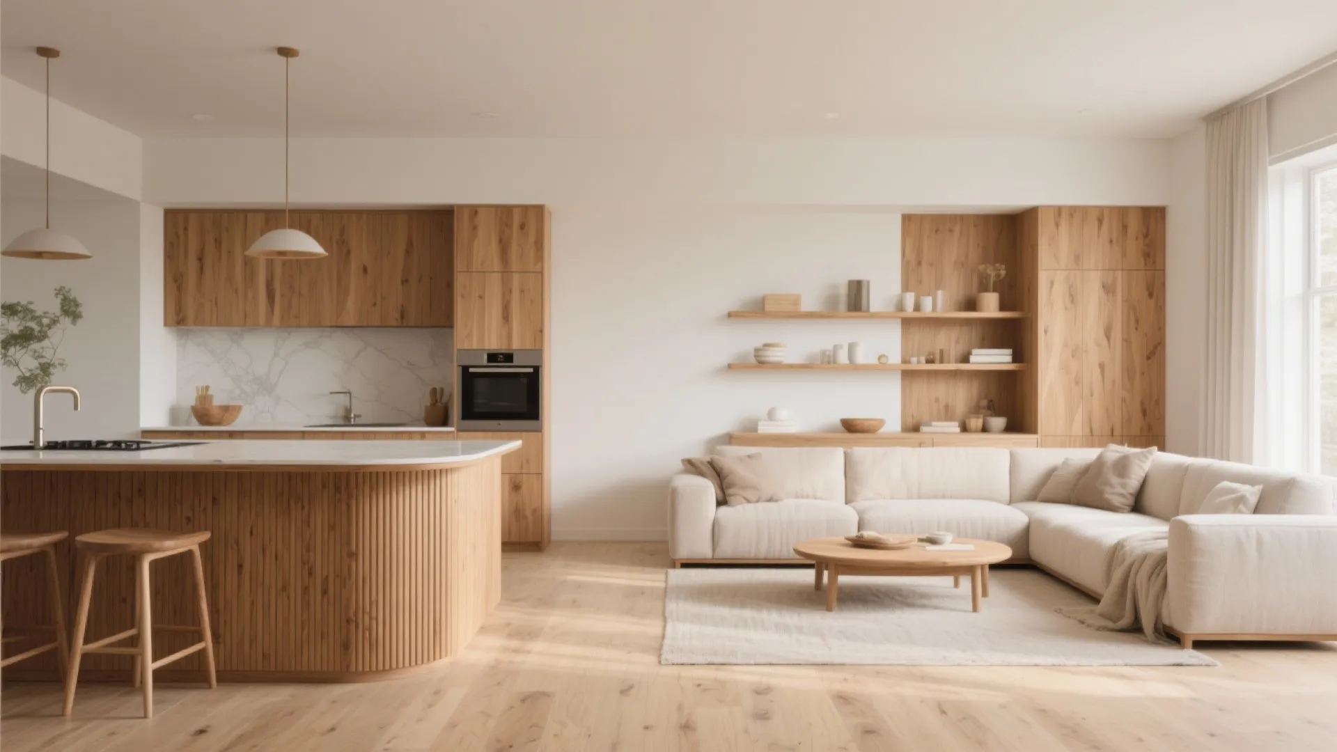 Warm wood accents that connect zones