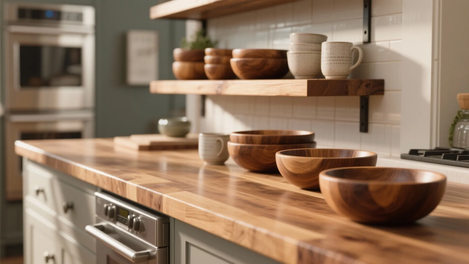 Close up of wooden kitchen counter with bowls and open shelves against white brick wall tiles