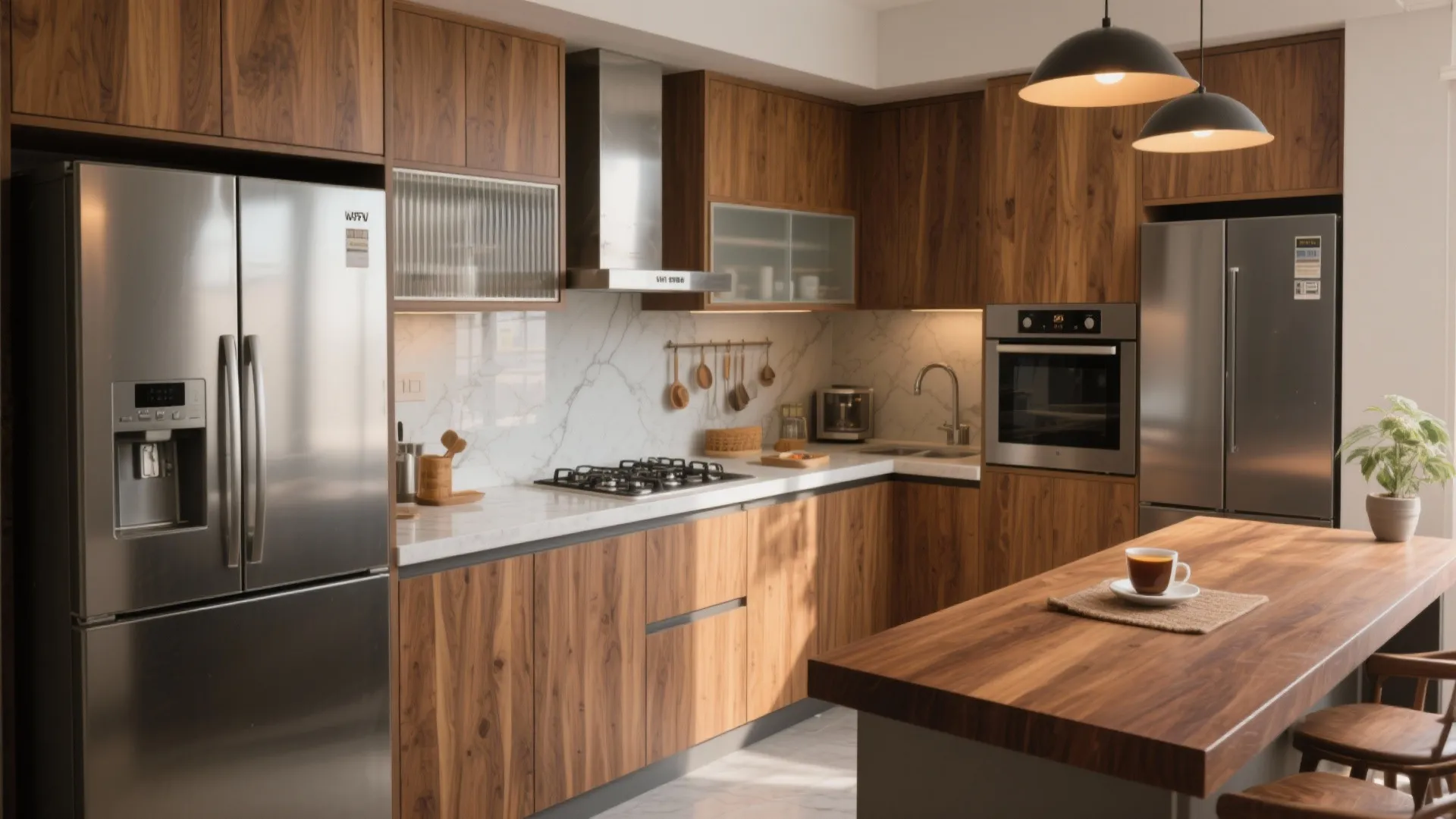 Warm wood tones to balance cool marble and steel