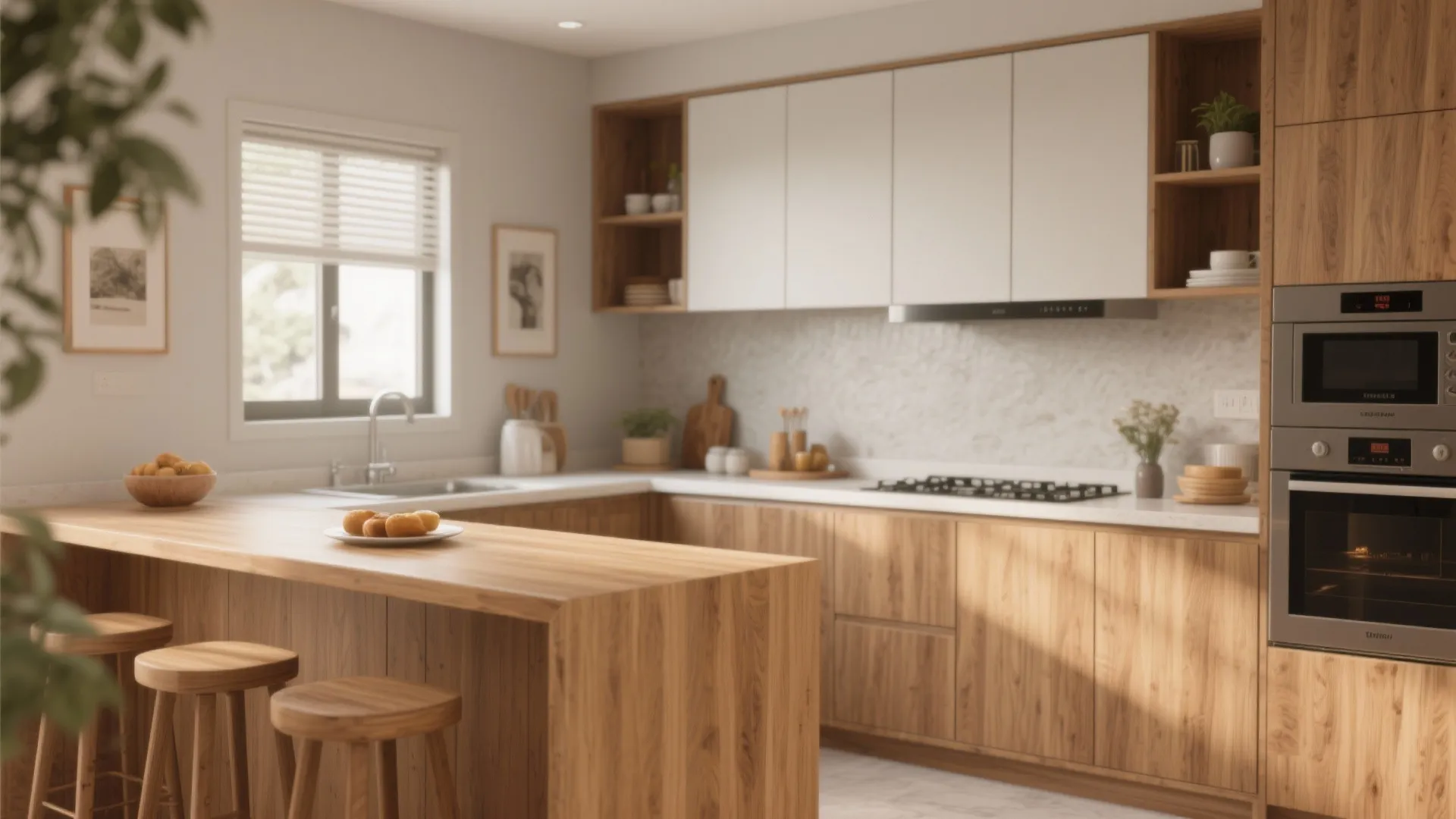 Modern kitchen with warm wood cabinets white wall units wood island bar stools and built-in oven