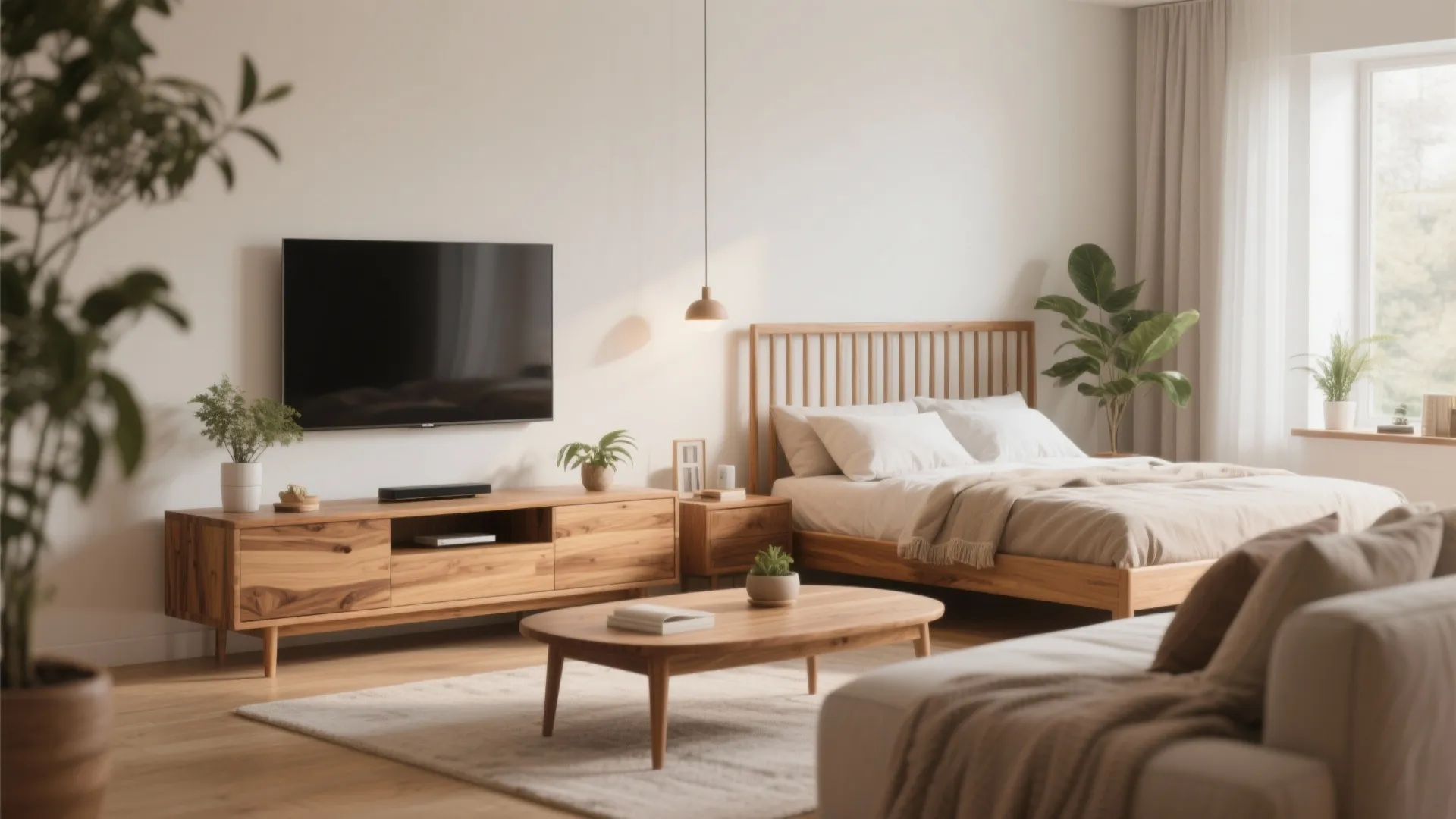 Warm wood accents in living and bedrooms