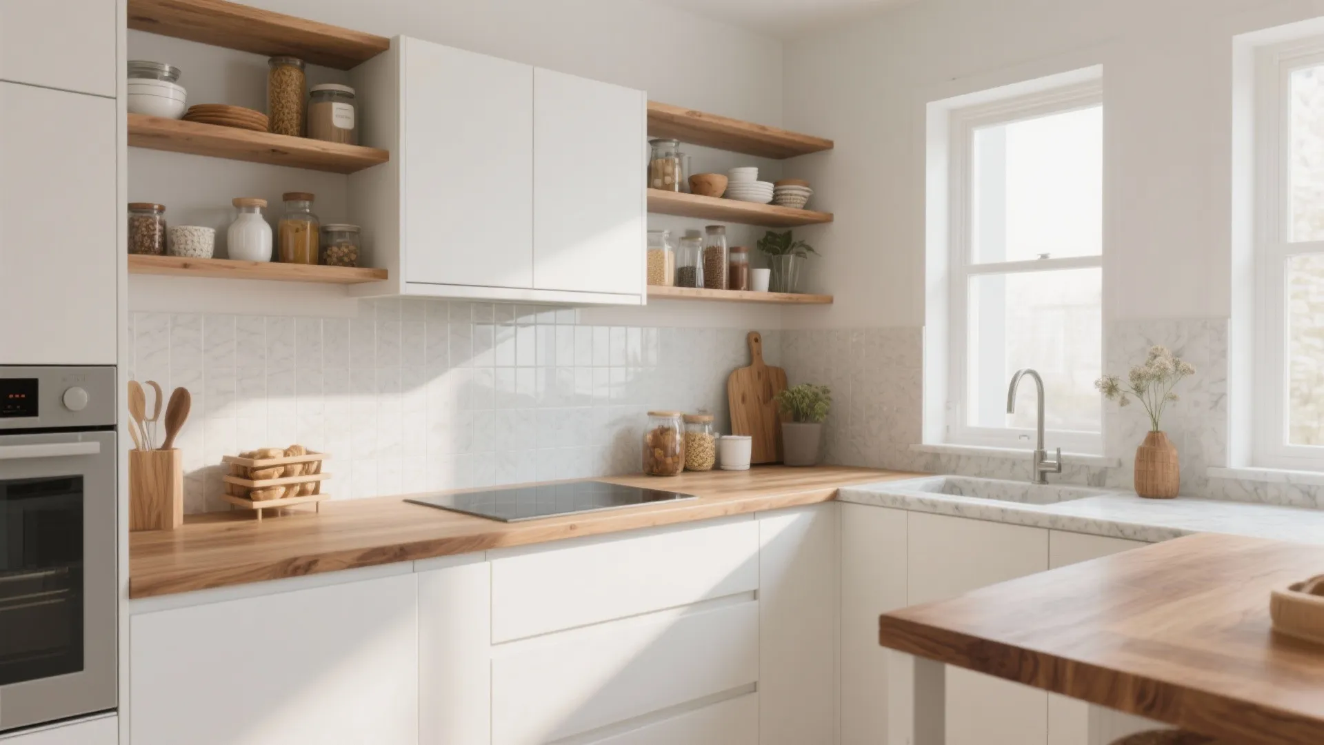Minimal small kitchen with oak shelves, walnut peninsula edge, and off-white walls for soft contrast.