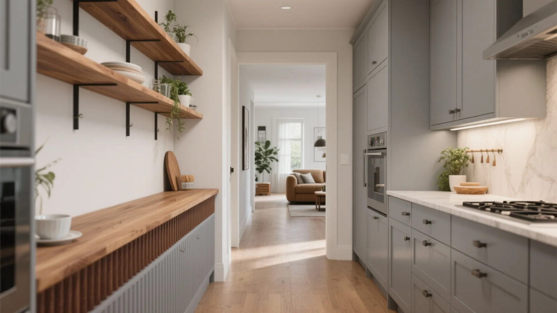 Warm wood accents to soften the transition