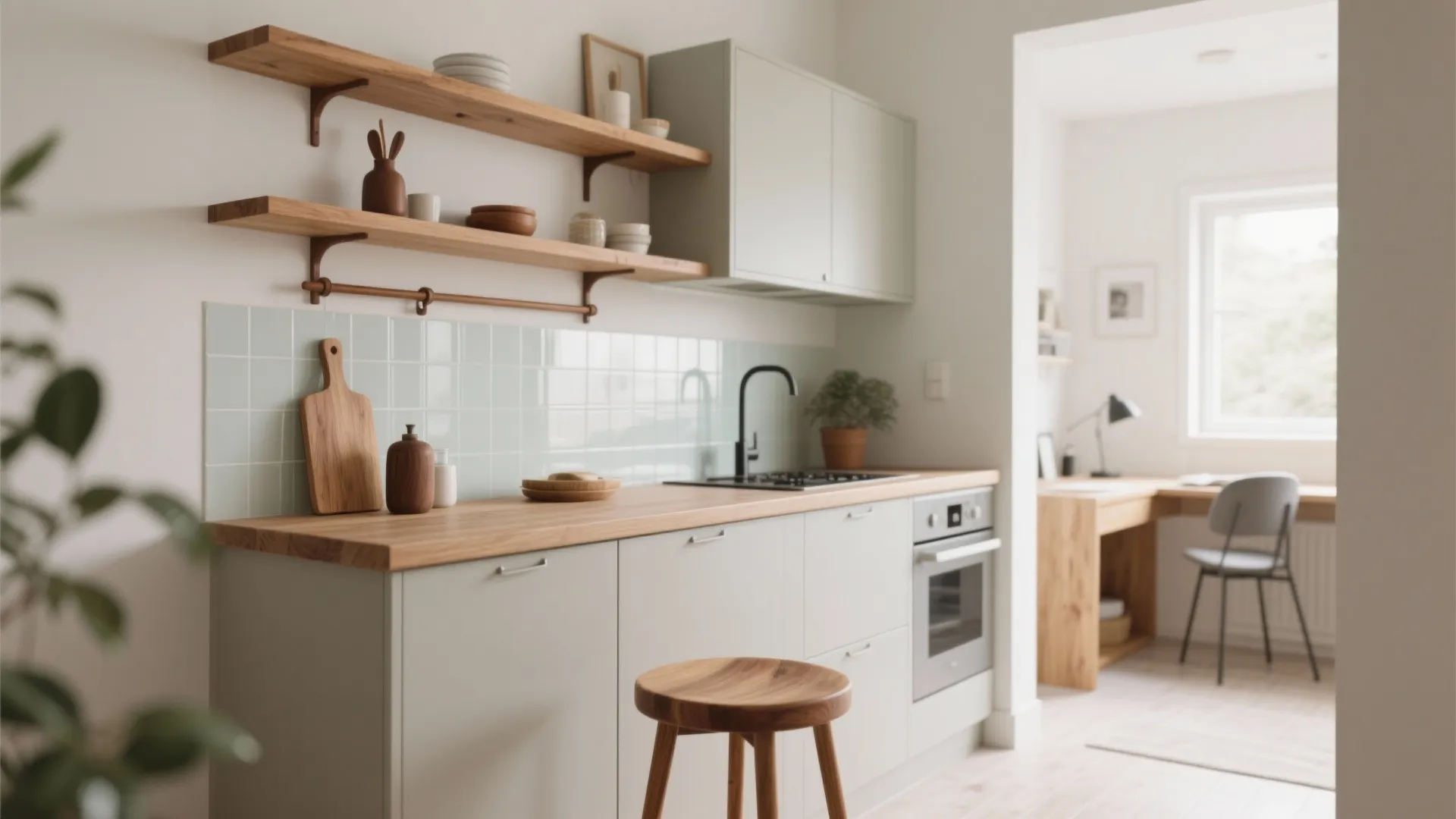 Bright kitchen with wooden countertop open wall shelves light green cabinets and a small stool