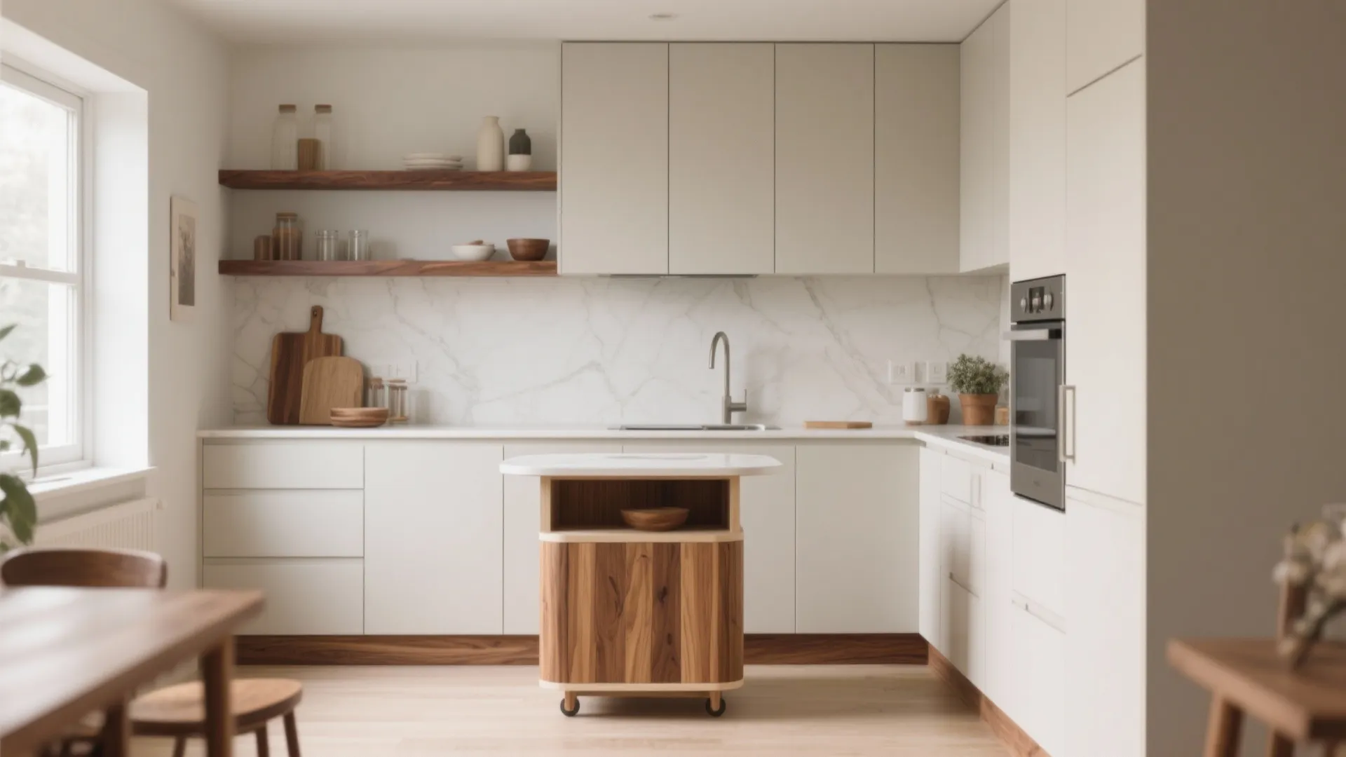 Minimalist white kitchen featuring wood accents wall shelves marble backsplash and a small wooden kitchen island