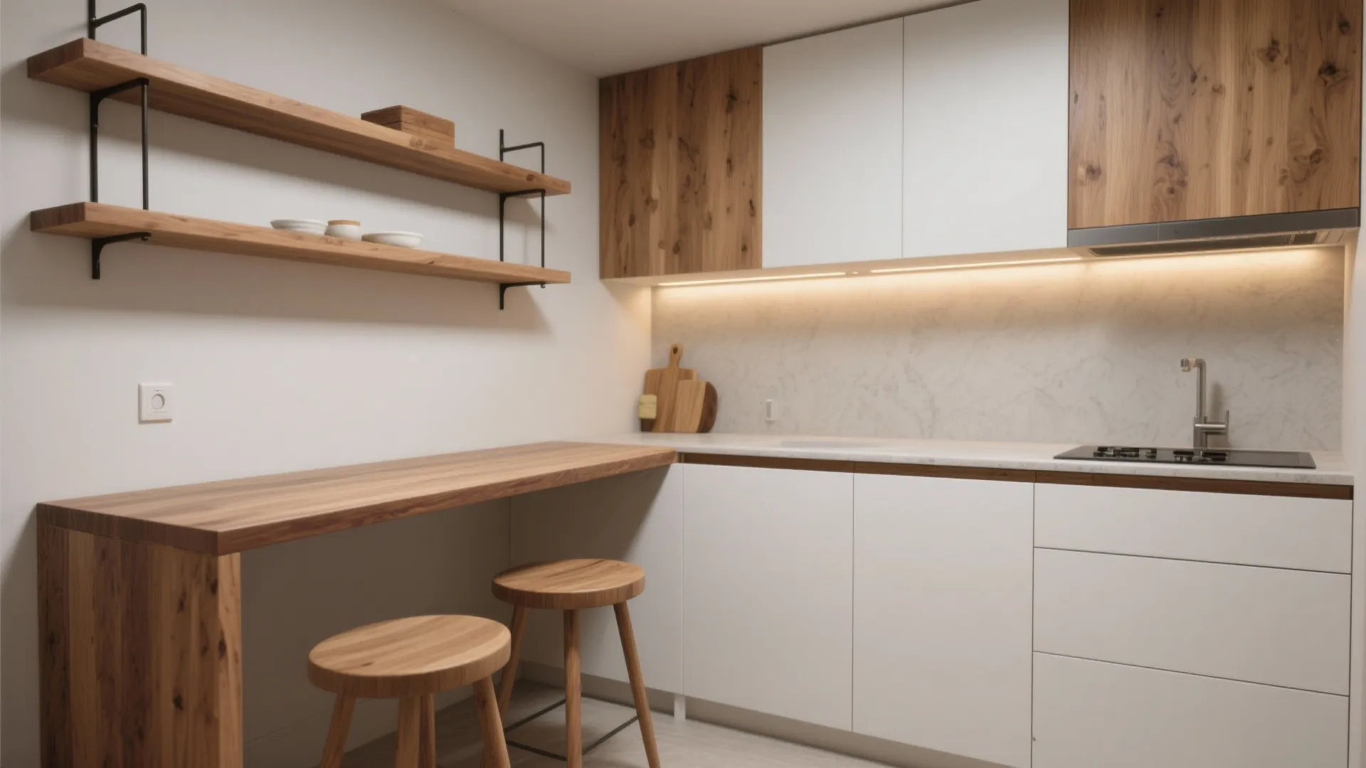 Modern kitchen with white cabinets wood wall shelves breakfast bar two stools and marble countertop surfaces
