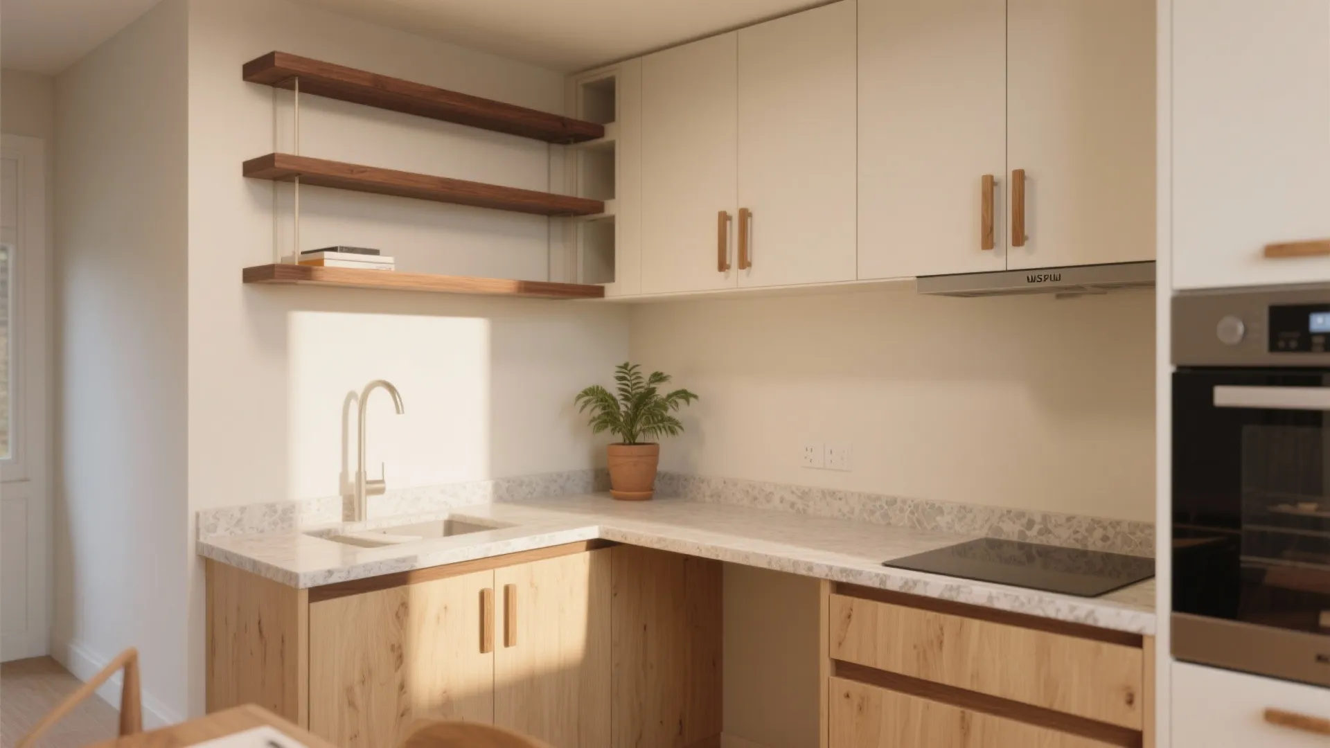 Modern kitchen with light wood cabinets marble countertop white wall units wooden shelves and green plant