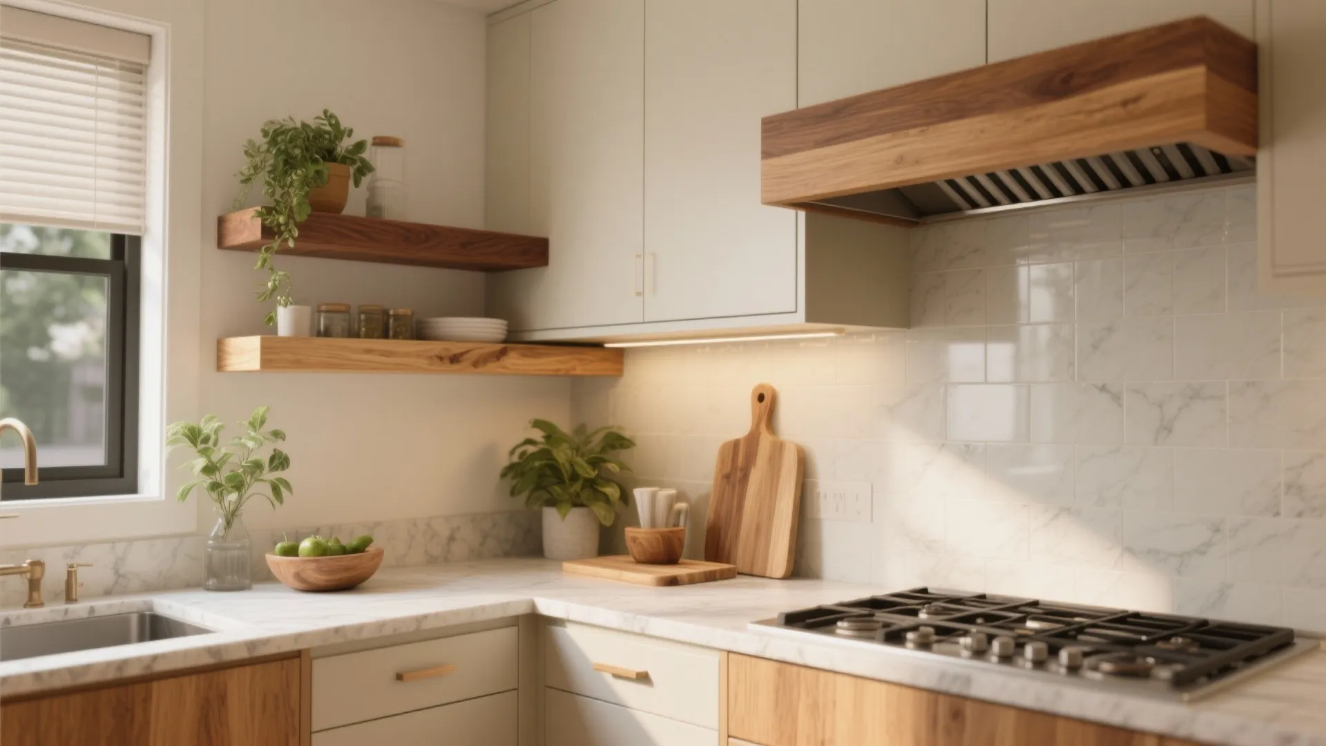 Bright kitchen with white cabinets wooden shelves marble countertop gas stove and green potted plants