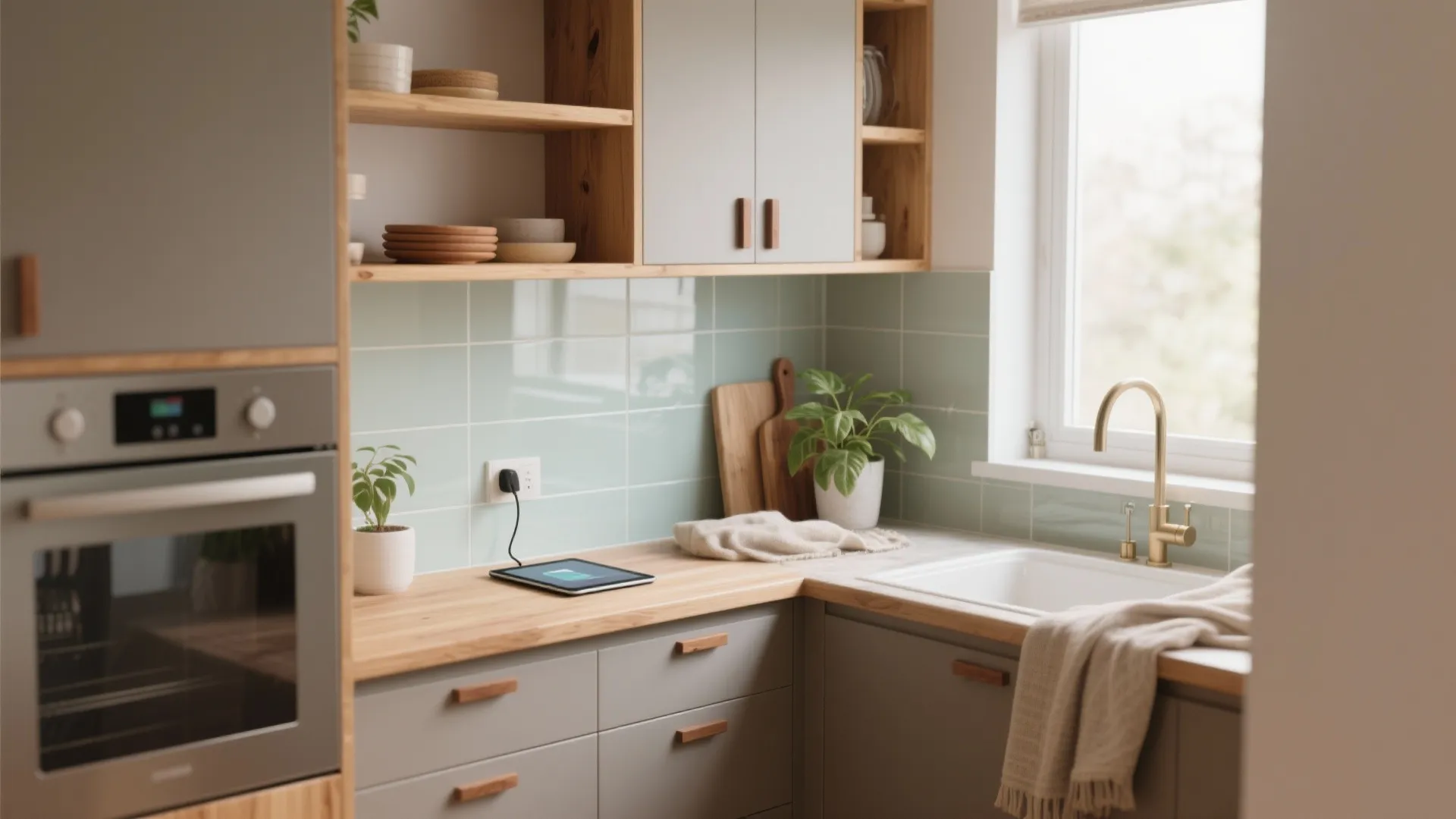 Modern kitchen corner with light green wall tiles wooden countertops grey cabinets and built in oven