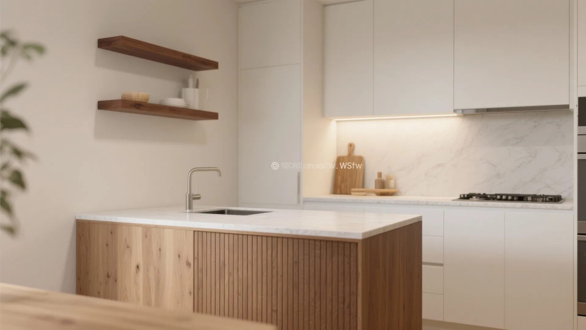 Minimalist white kitchen with wooden island marble backsplash open shelves and warm integrated light fixture