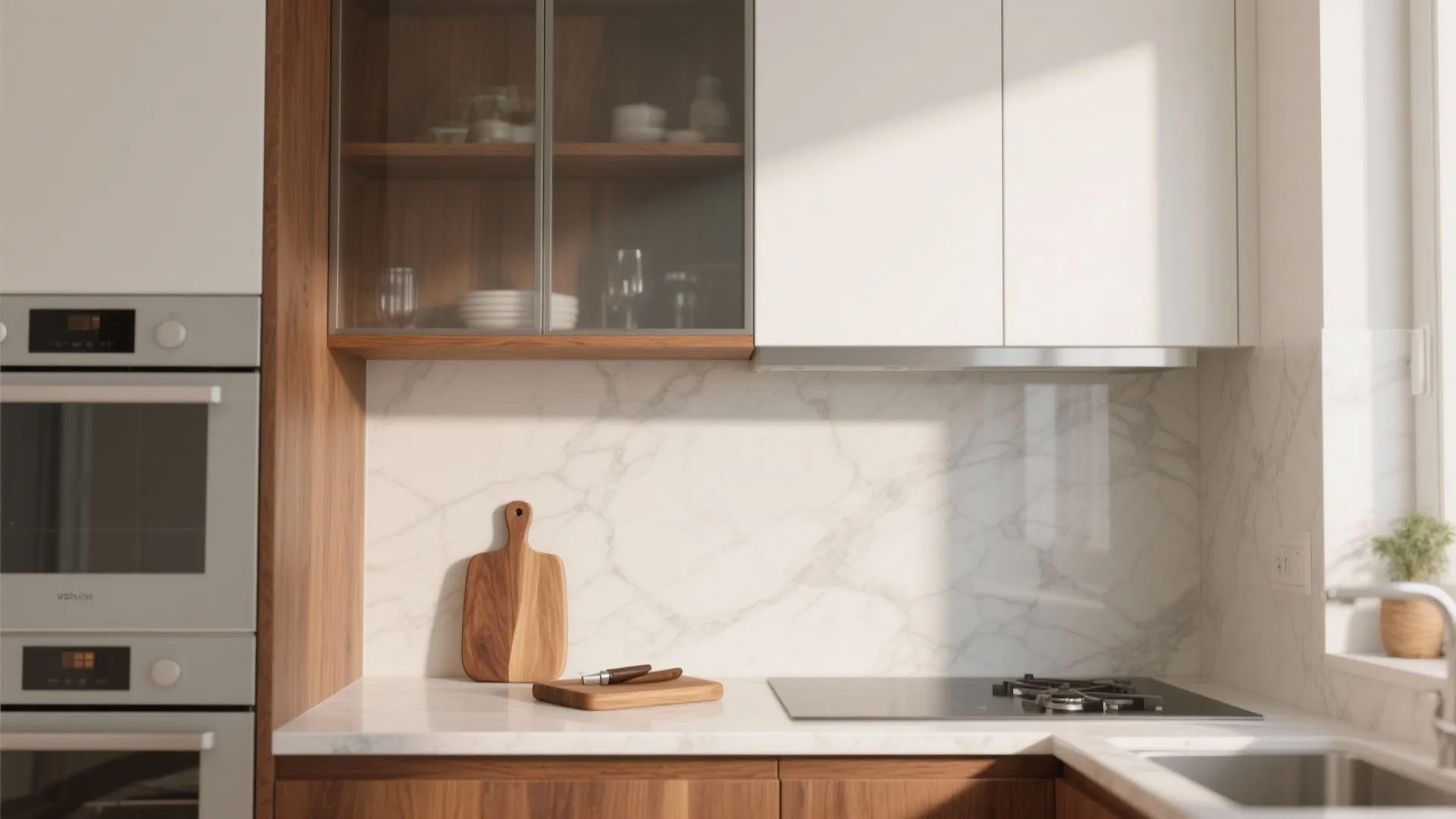 Modern kitchen with wood cabinets white storage units marble wall and a wooden cutting board