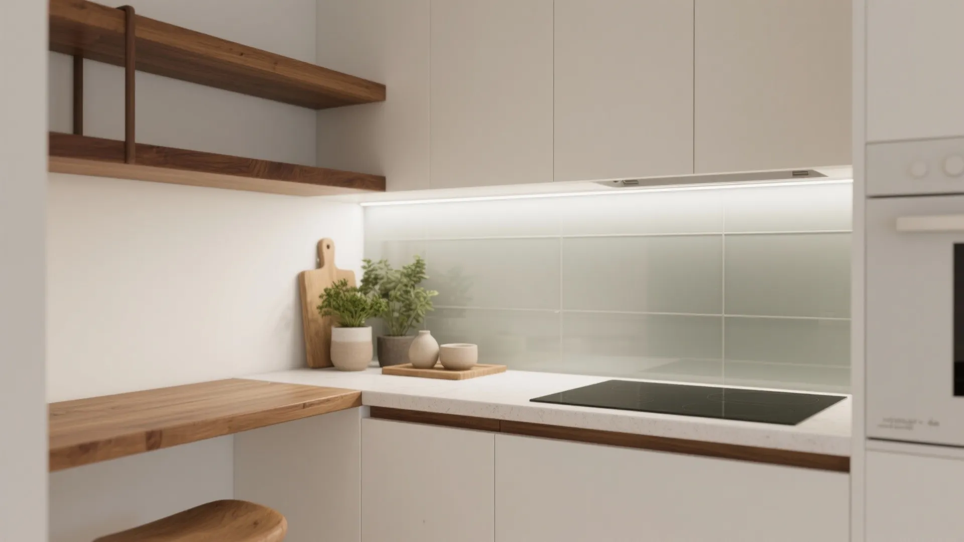 Modern kitchen with white cabinets, wooden shelves, green plants, light strip, and black electric stove