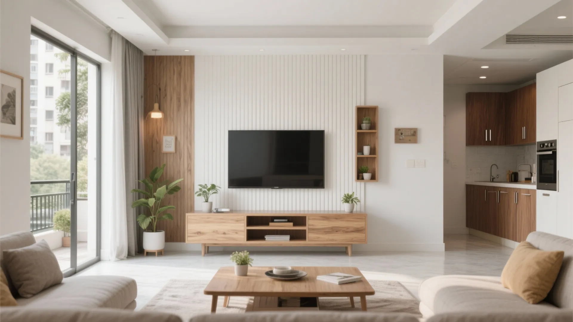 Bright living room with white wall panel, wooden cabinet, wall light, and green potted plants