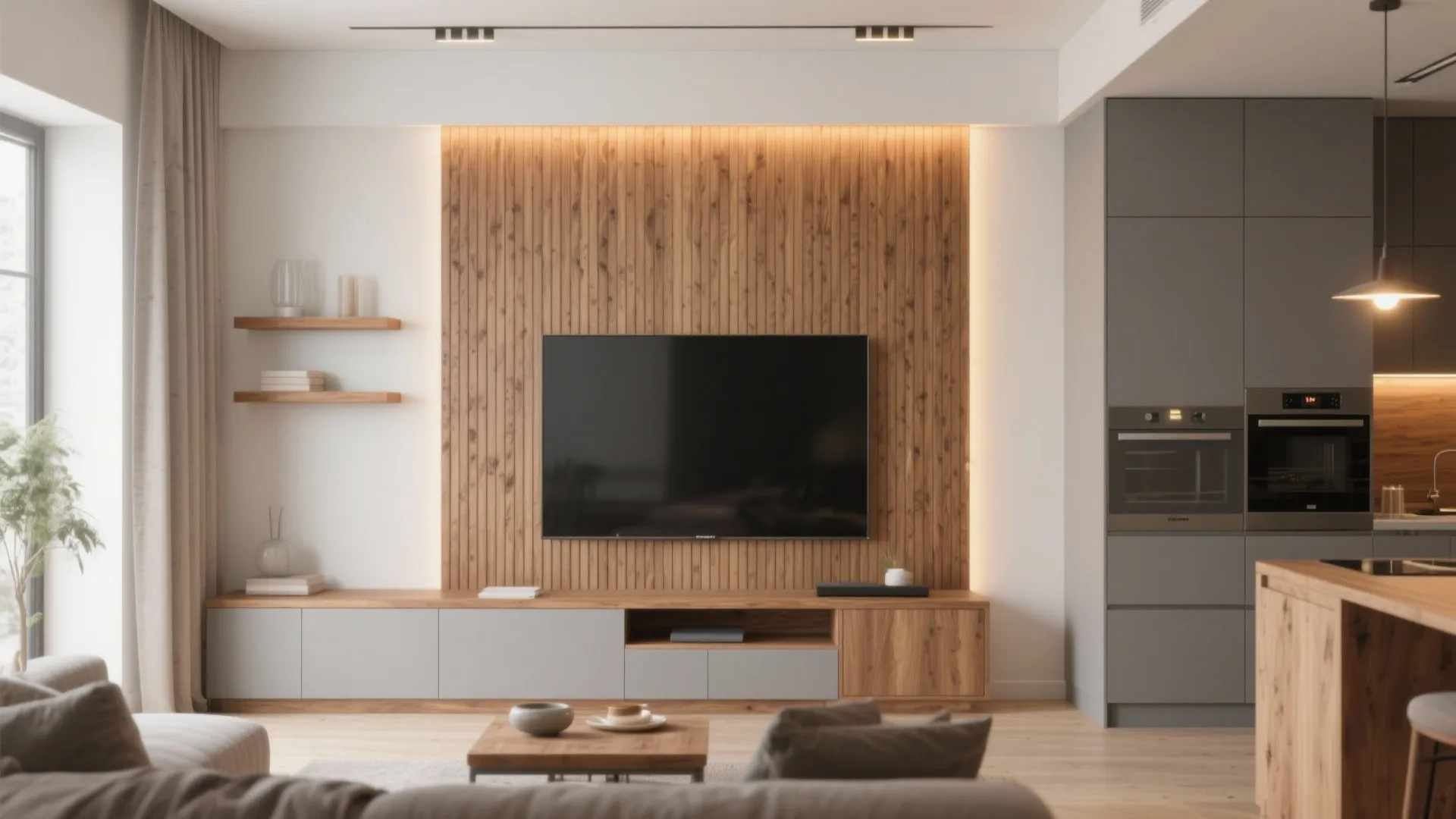 Warm wood accents to humanize modern shells