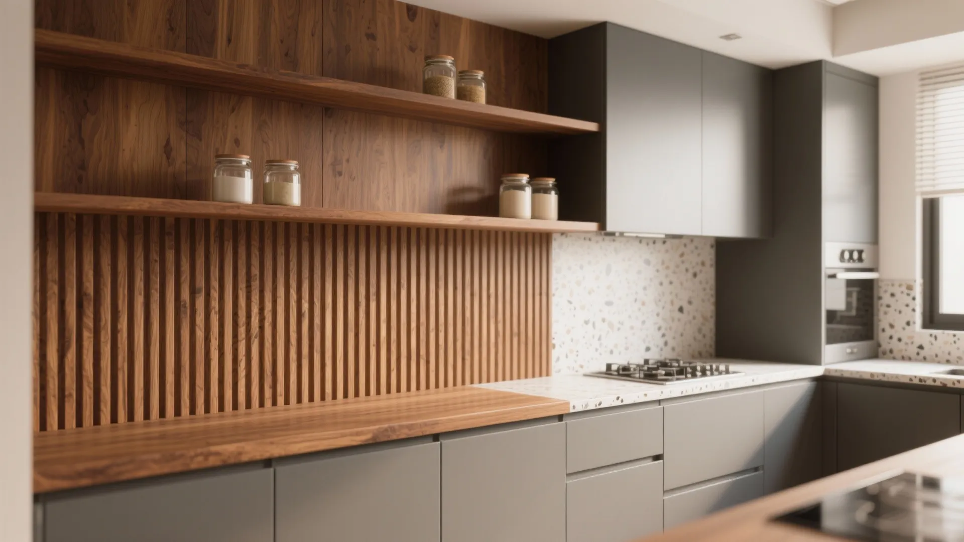 Modern kitchen featuring grey cabinets wood wall panels open shelves glass jars and terrazzo backsplash