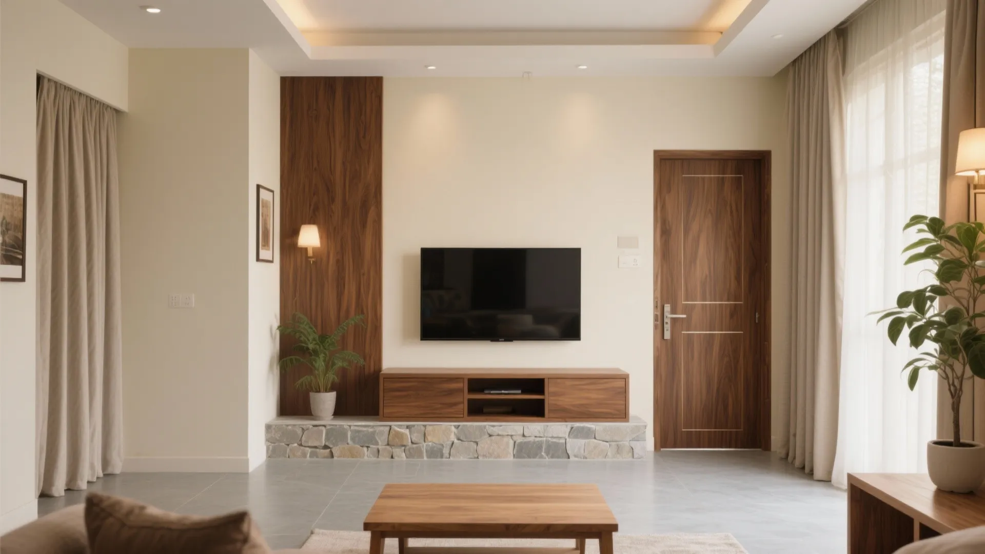Living room with television on beige wall wooden cabinet wall panel stone base and indoor plant
