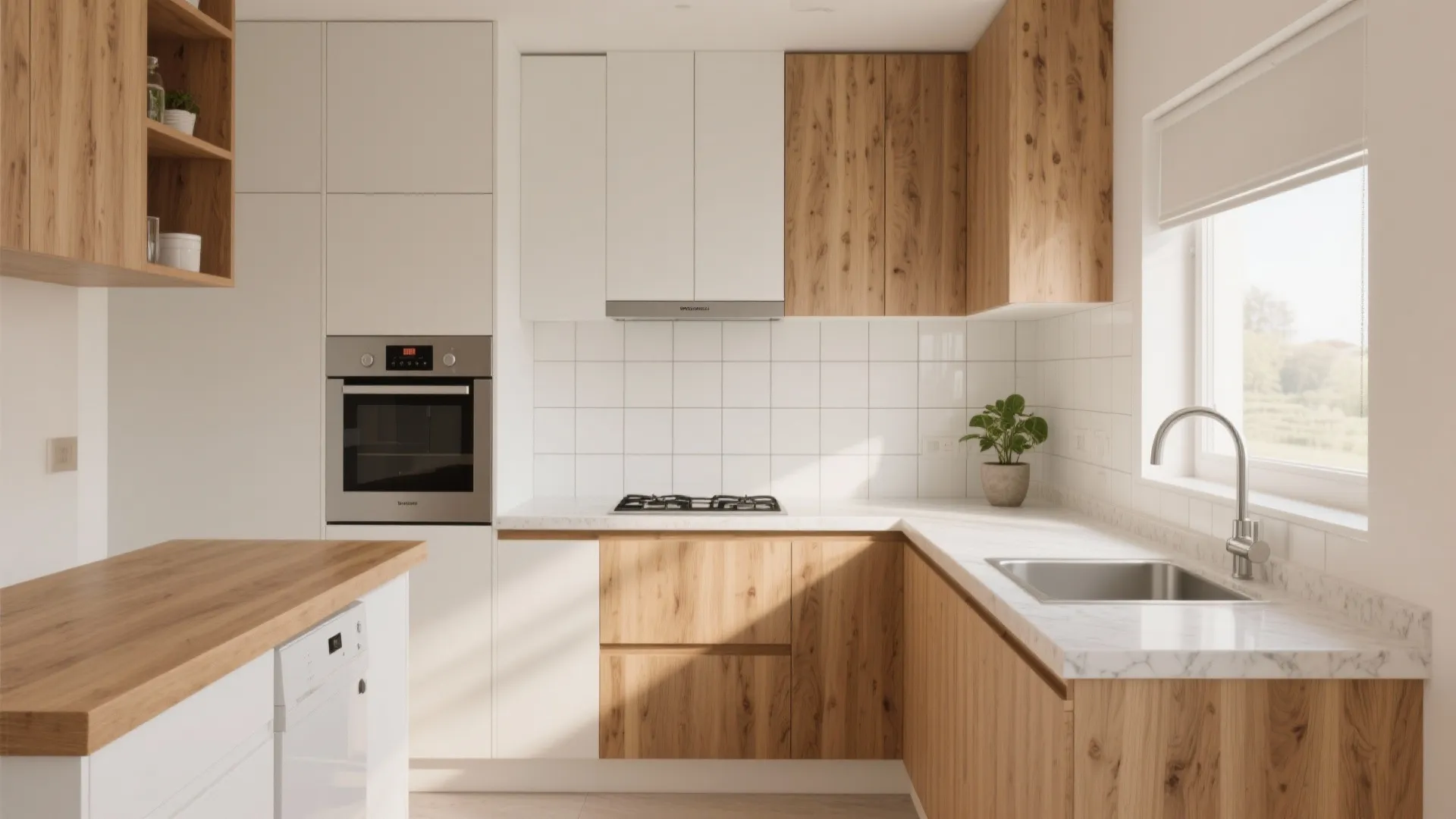 Modern kitchen with white and wood cabinets marble countertop built in oven and gas stove