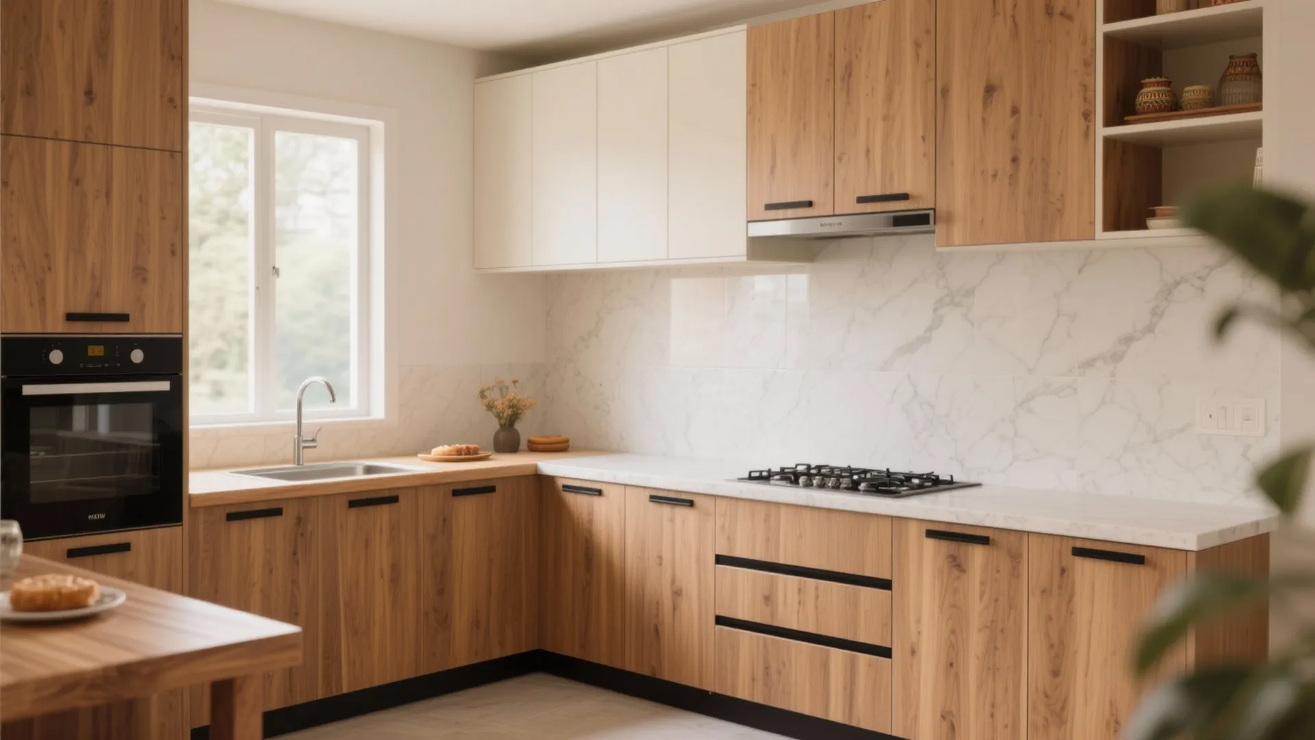 Modern kitchen with warm wood cabinets marble backsplash white upper cupboards window and built-in oven
