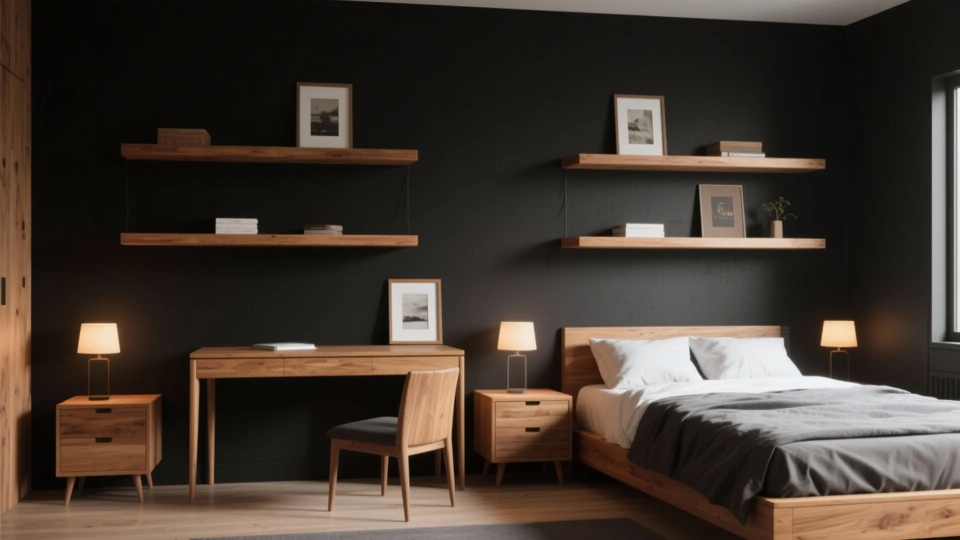 Modern bedroom with black walls wooden desk matching bed shelves small table lamps and natural light