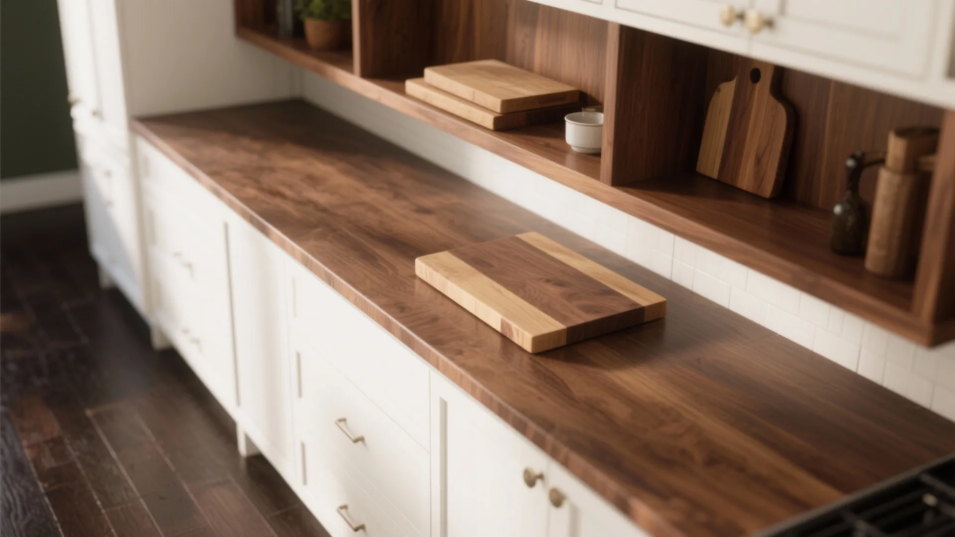 Modern white kitchen cabinet with dark wood countertop and matching wooden shelves with small cutting boards