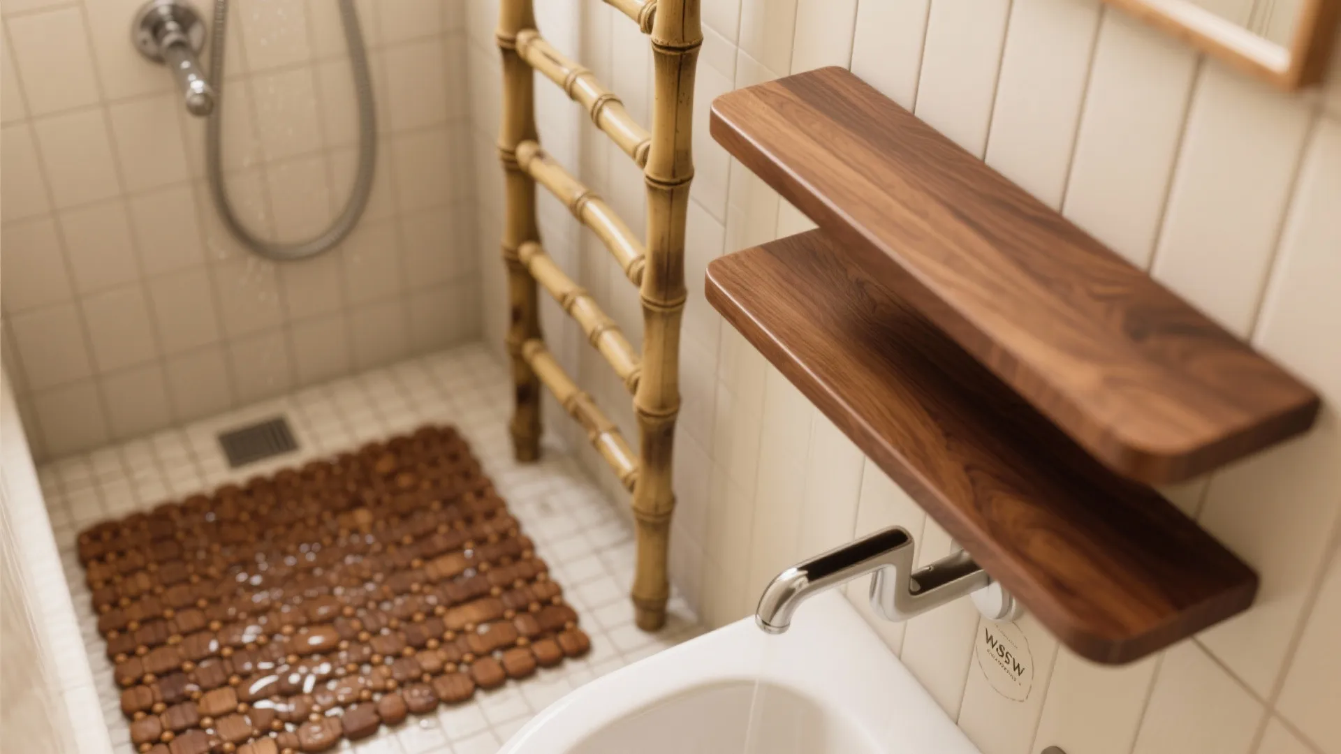 Bathroom interior details showing wooden shelves bamboo towel rack brown floor mat and silver faucet