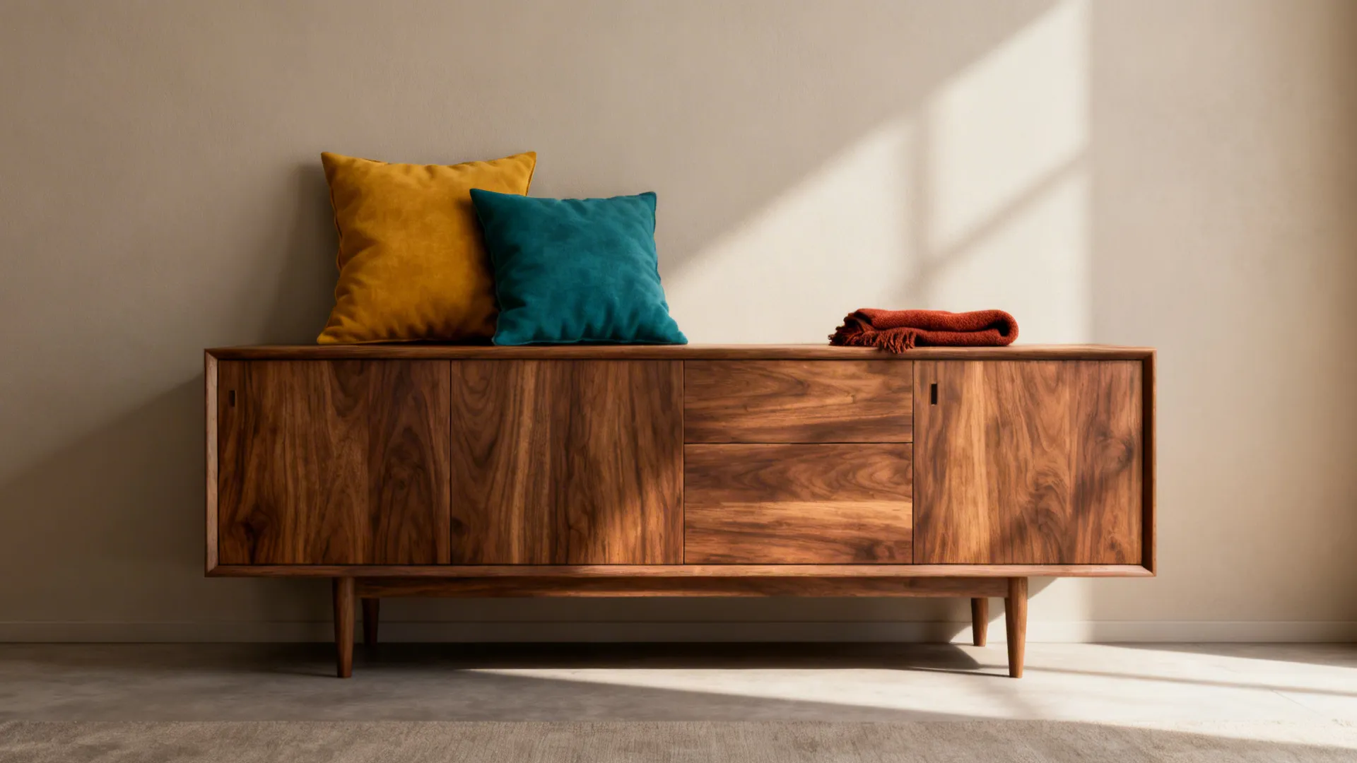 Warm walnut furniture with restrained mustard and teal accents in a mid-century palette.