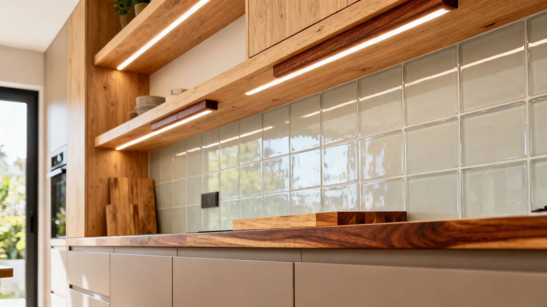 Modern compact kitchen with light oak shelves and a butcher-block accent for warmth.