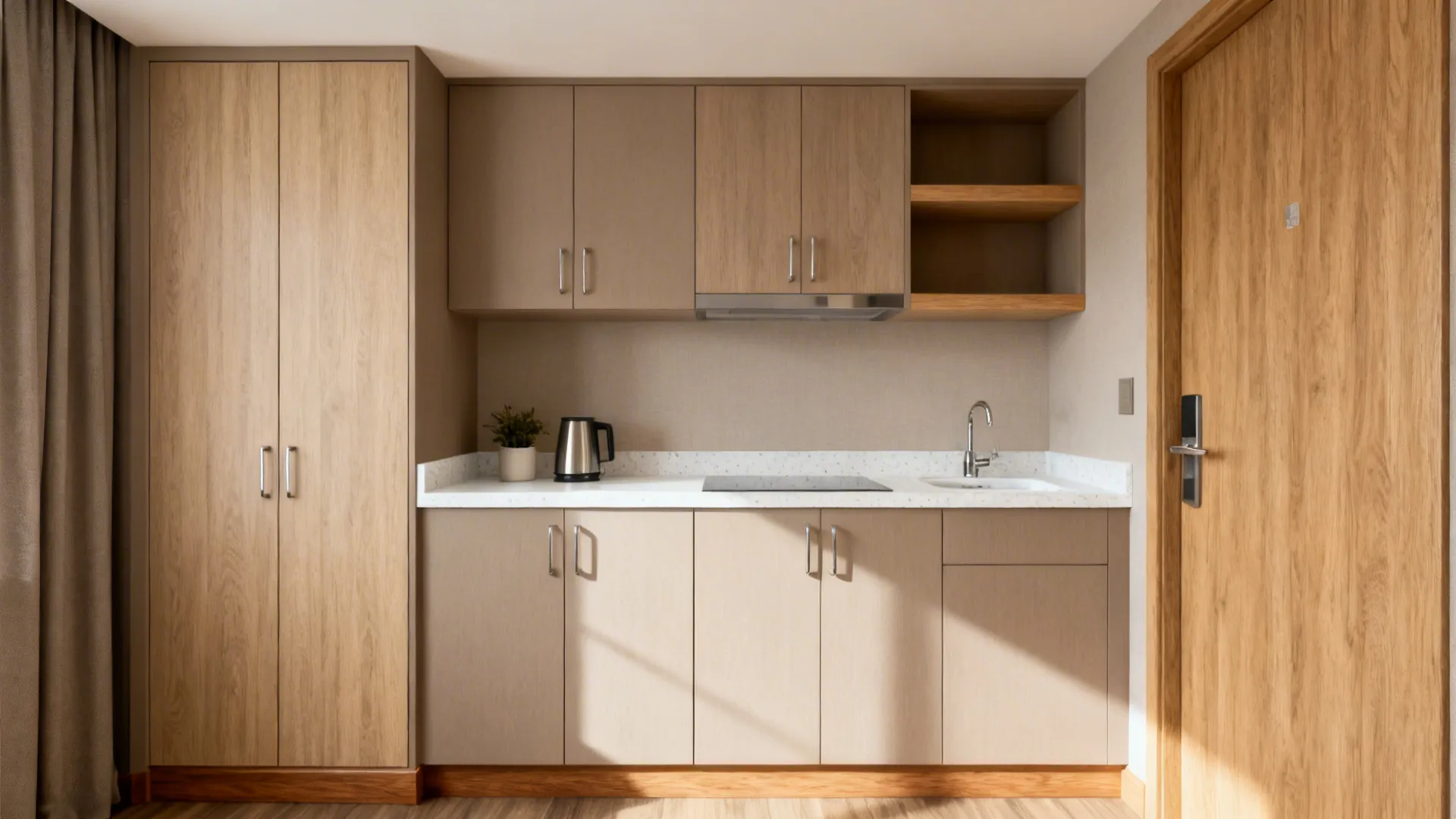 Hotel kitchenette with ash wood-look accents and neutral cabinets for a welcoming feel.