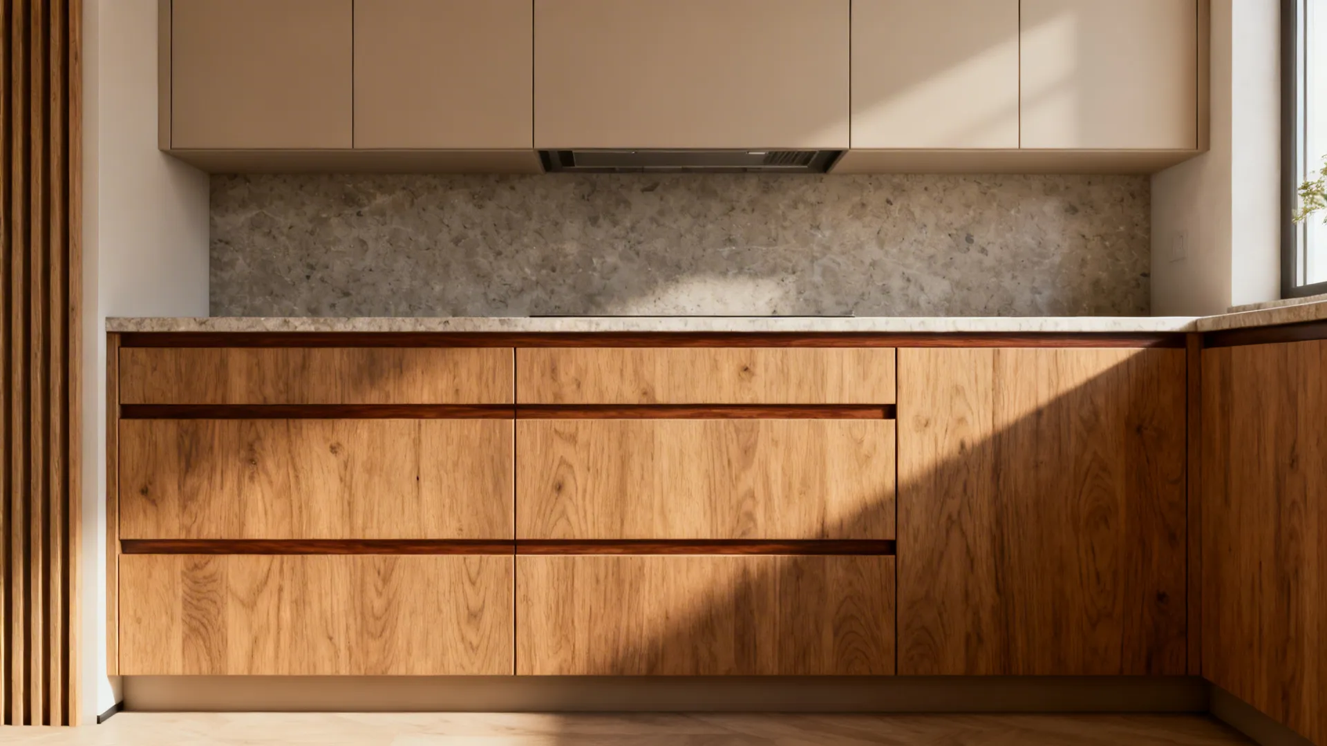 Kitchen elevation featuring oak drawer faces, walnut trim, matte upper cabinets, and a neutral stone worktop.