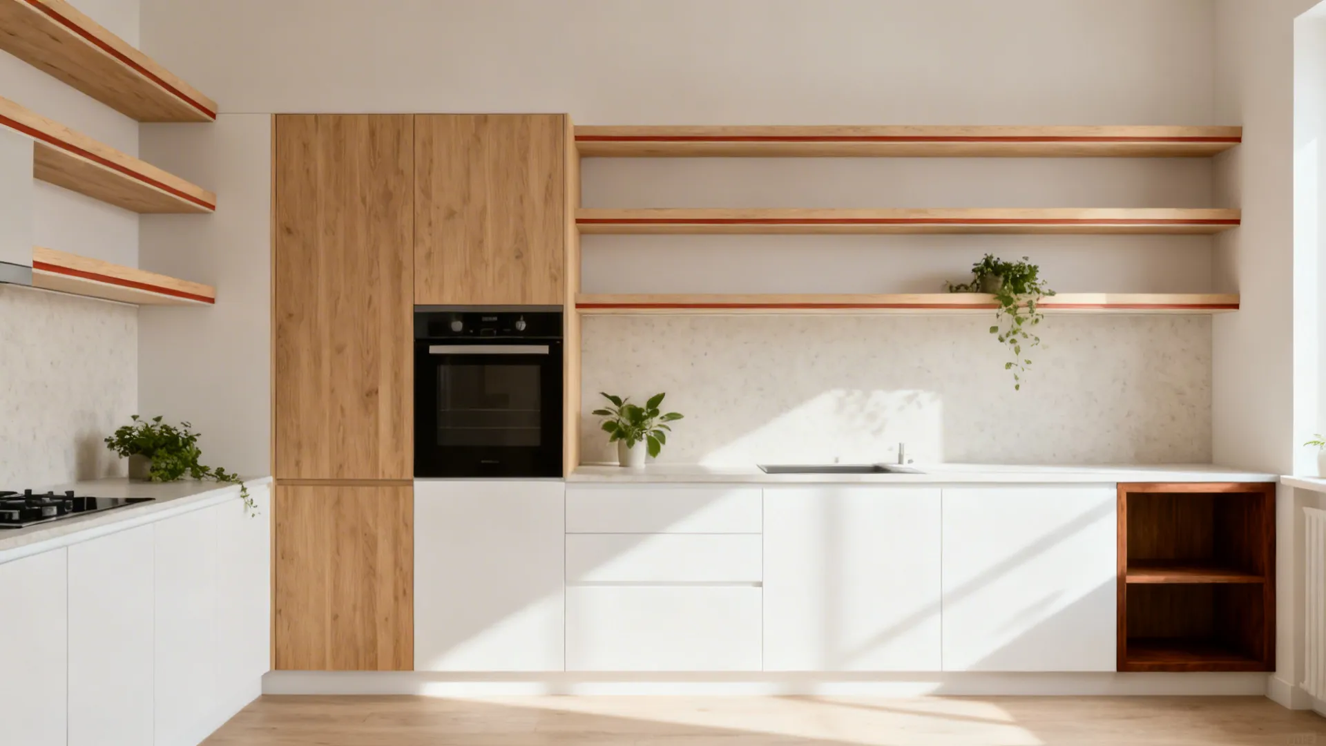 Minimal 12x12 kitchen with light oak shelves and white cabinets for airy warmth.