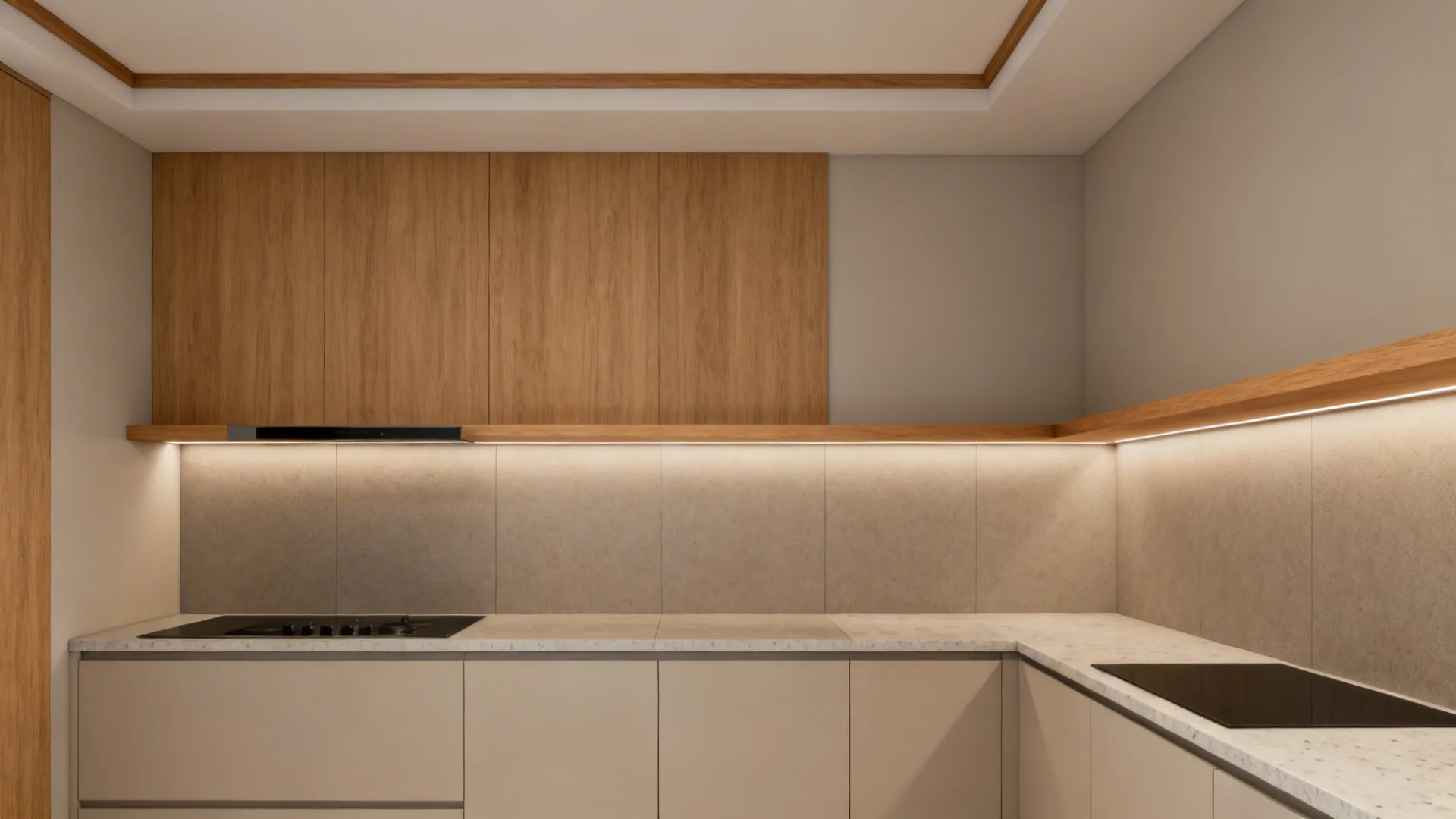 Compact kitchen with minimal POP ceiling and warm wood accents calming the space.