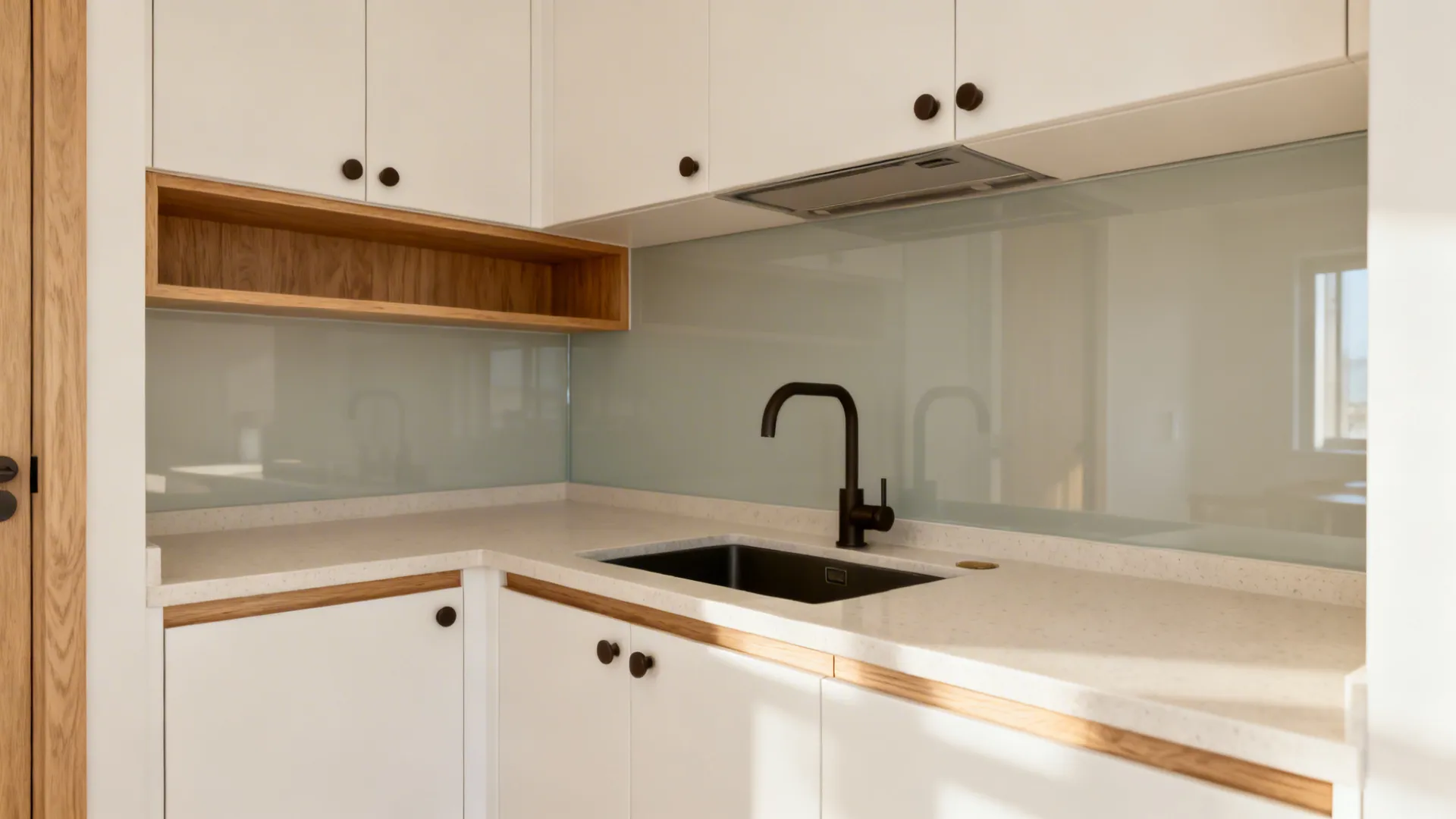 Small kitchen with light oak accents, matte glass backsplash, and uncluttered counters.