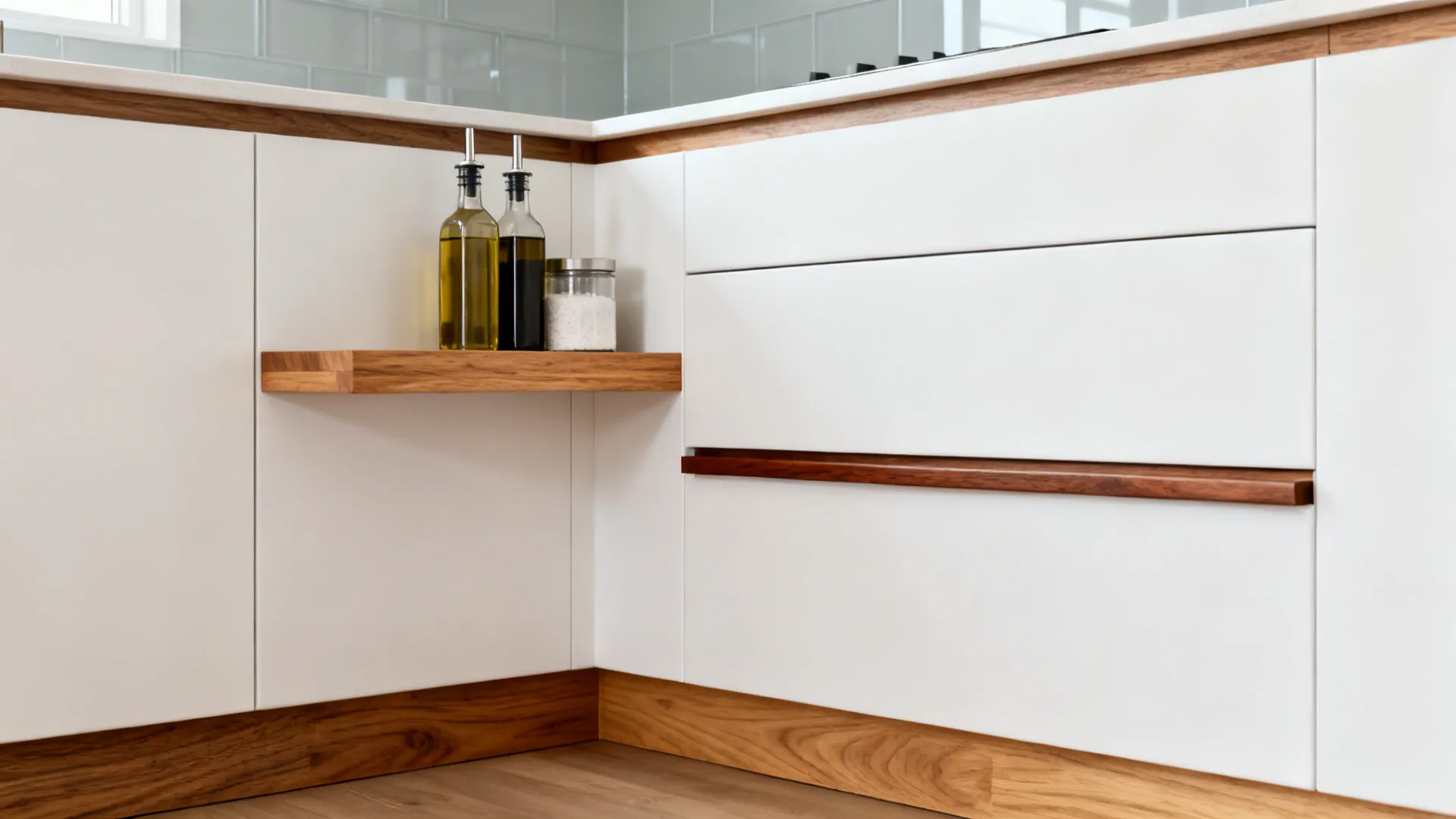 Close-up of oak shelf and walnut drawer details warming a white L-shaped kitchen.