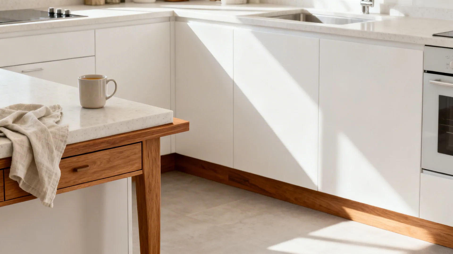 White L-shaped kitchen with oak drawer fronts and a slim wood ledge adding warmth.