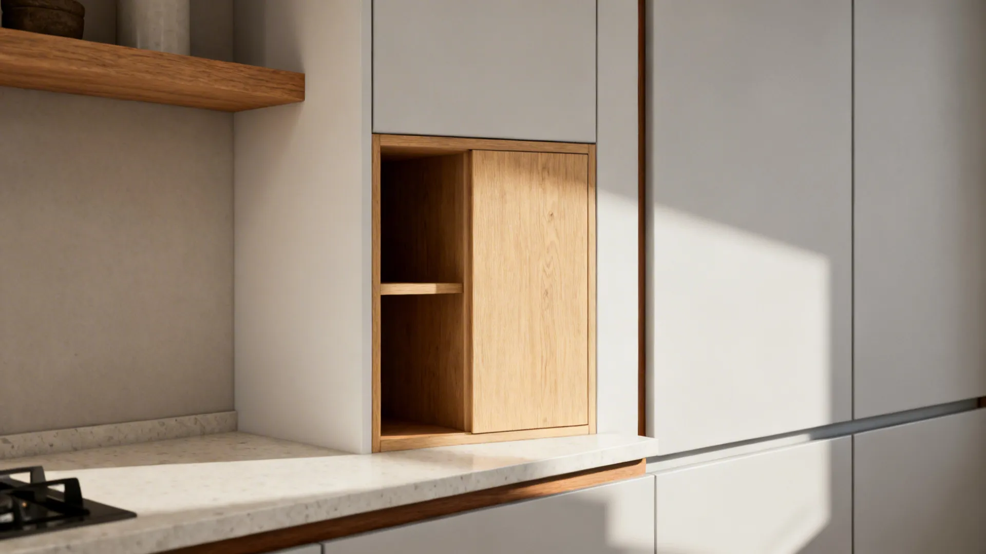 Small modern kitchen with maple shelves and light oak accent cabinet