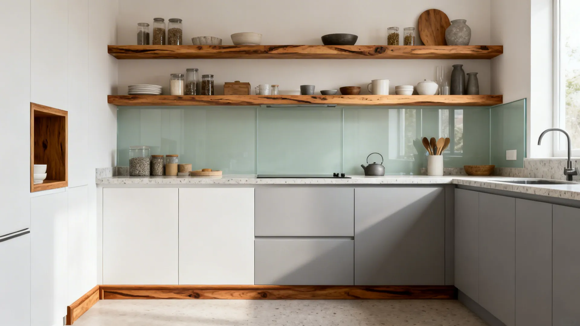 Rift-cut oak shelves and subtle wood trim warming a minimalist kitchen with matte cabinets and glass backsplash.