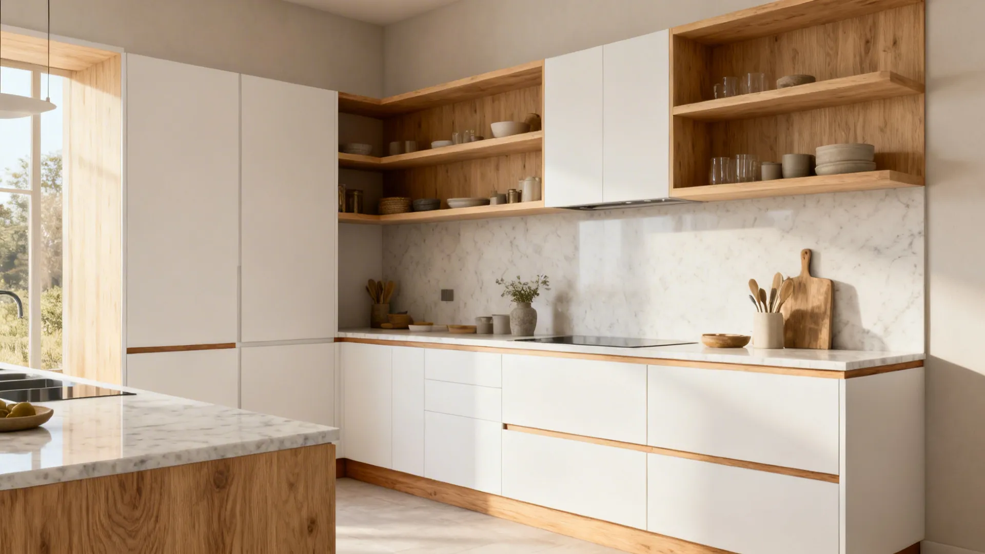 Small kitchen with pale oak shelf, matching toe-kicks, and matte white cabinetry.