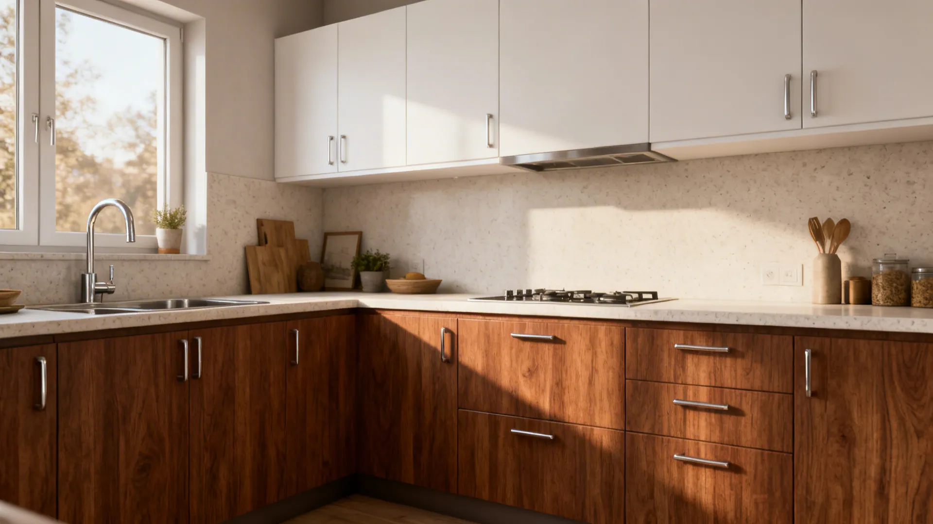 Kitchen with walnut-tone lower cabinets, matte white uppers, and a light quartz countertop.